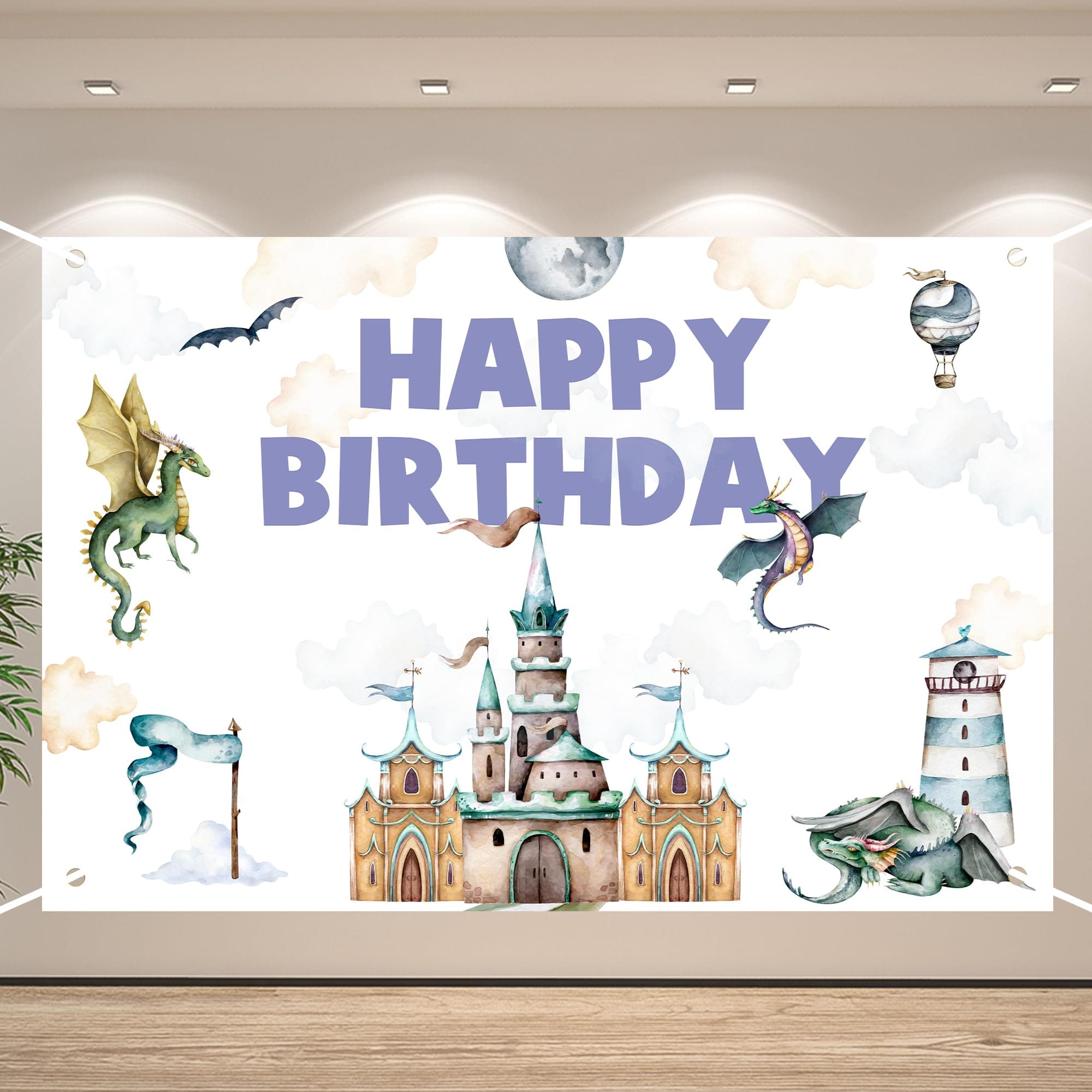 Dragon Happy Birthday Banner Backdrop Watercolor Castle Flying Magic Dragon Egg Theme Background for Boy Girl Newborn Baby Shower Birthday Party Favors Decorations Supplies 70.8x47.2in-BECKTEN