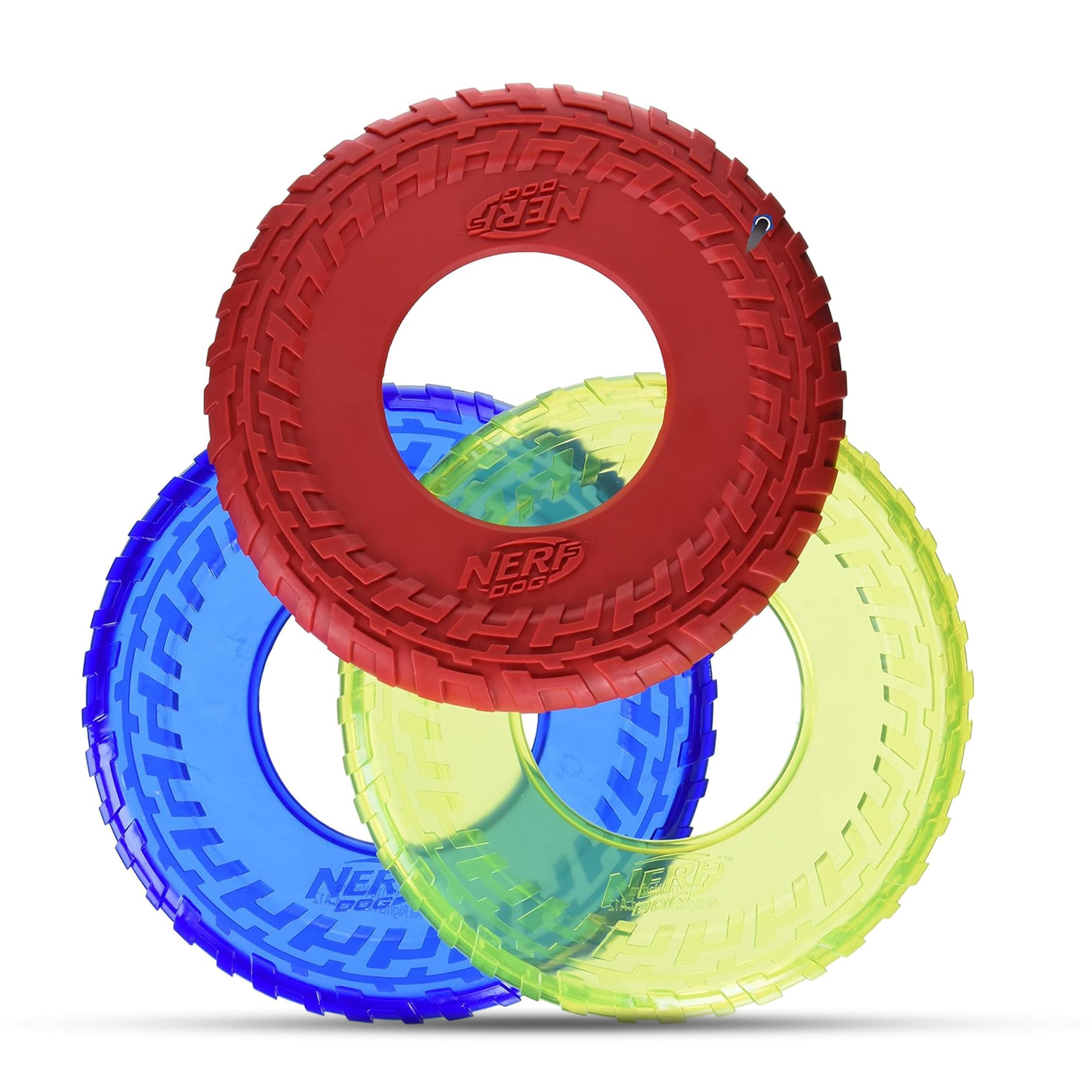 Nerf Dog Tire Flyer Dog Toy Gift Set, 10 Inch Flying Disc Dog Fetch Toys, Rubber Dog Toy for Medium Dogs and Large Dogs, Red, Translucent Green and Translucent Blue, 3 Count