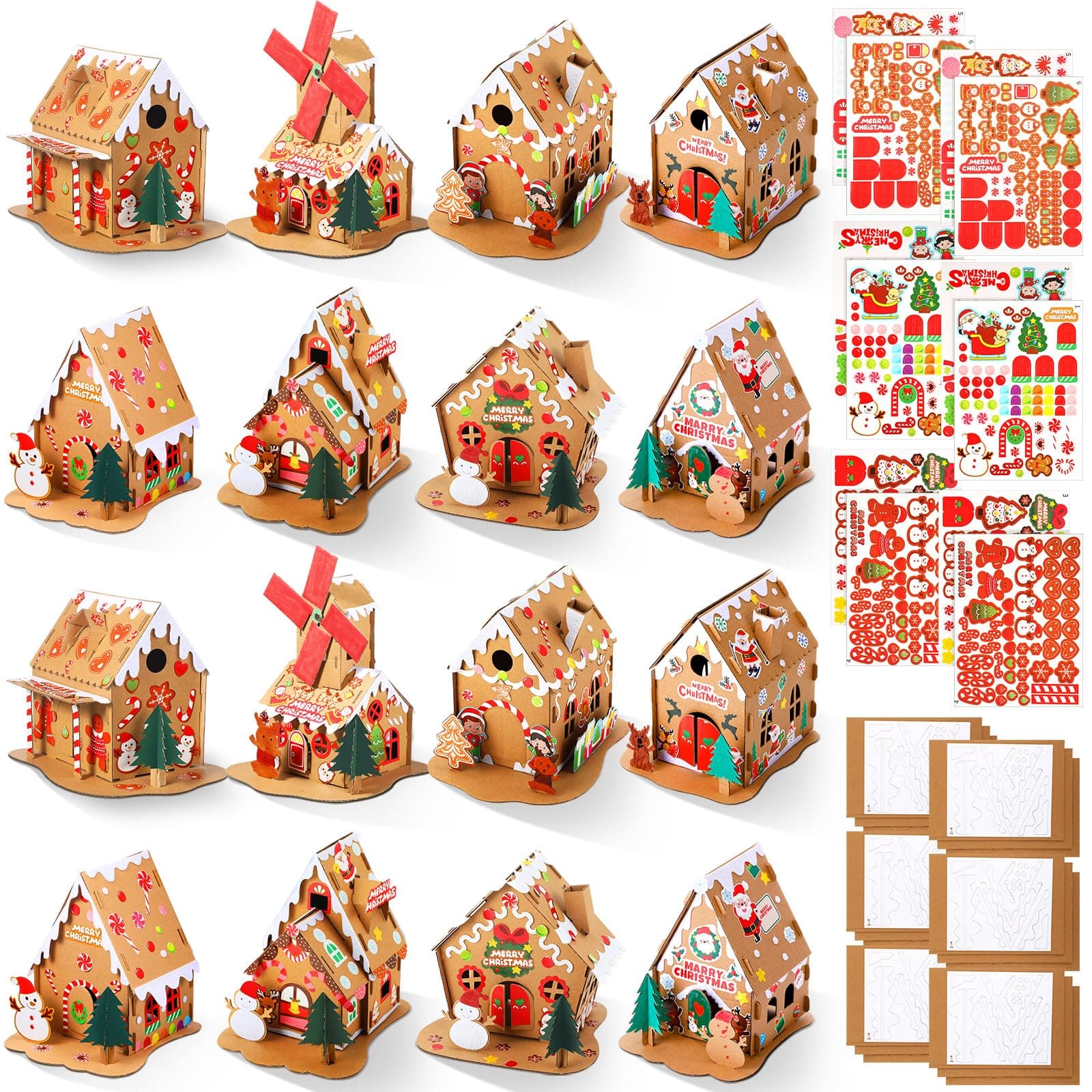 Jenaai 8 Sets Christmas Gingerbread House Craft Kit Bulk DIY Make Your Own Ginger Bread Cardboard House with Stickers Christmas Craft for Xmas Gift Holiday Activities Party Supplies Decoration