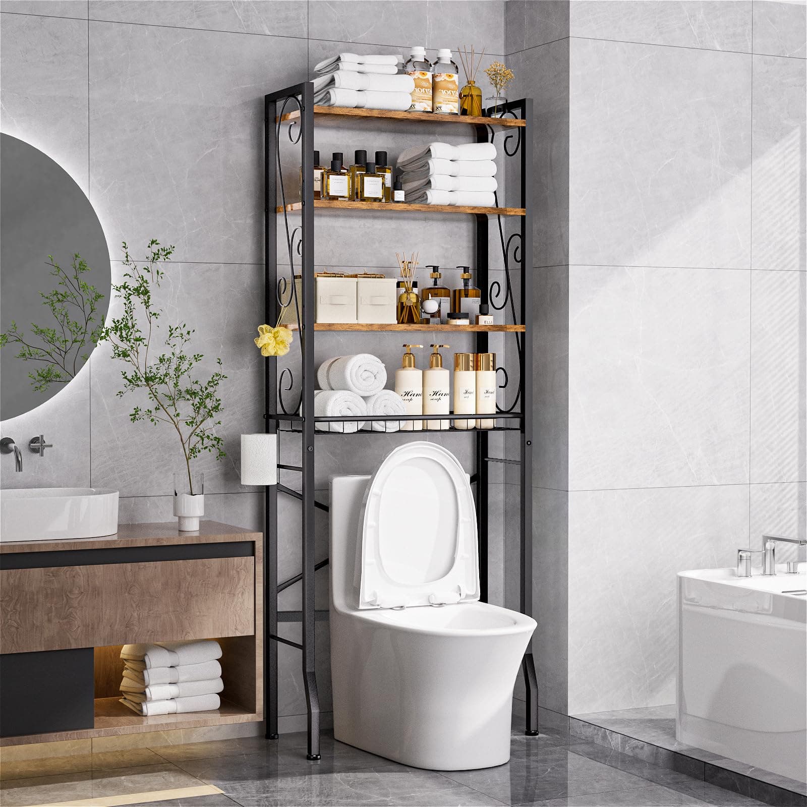 Over-The-Toilet Storage Rack 4-Tier,Bathroom Organizer Shelf Over Toilet,Adjustable Wooden Shelves and Basket,Freestanding Above Toilet Shelves,Space Saver for Rooms (Black Rack-Rustic Brown Shelves)