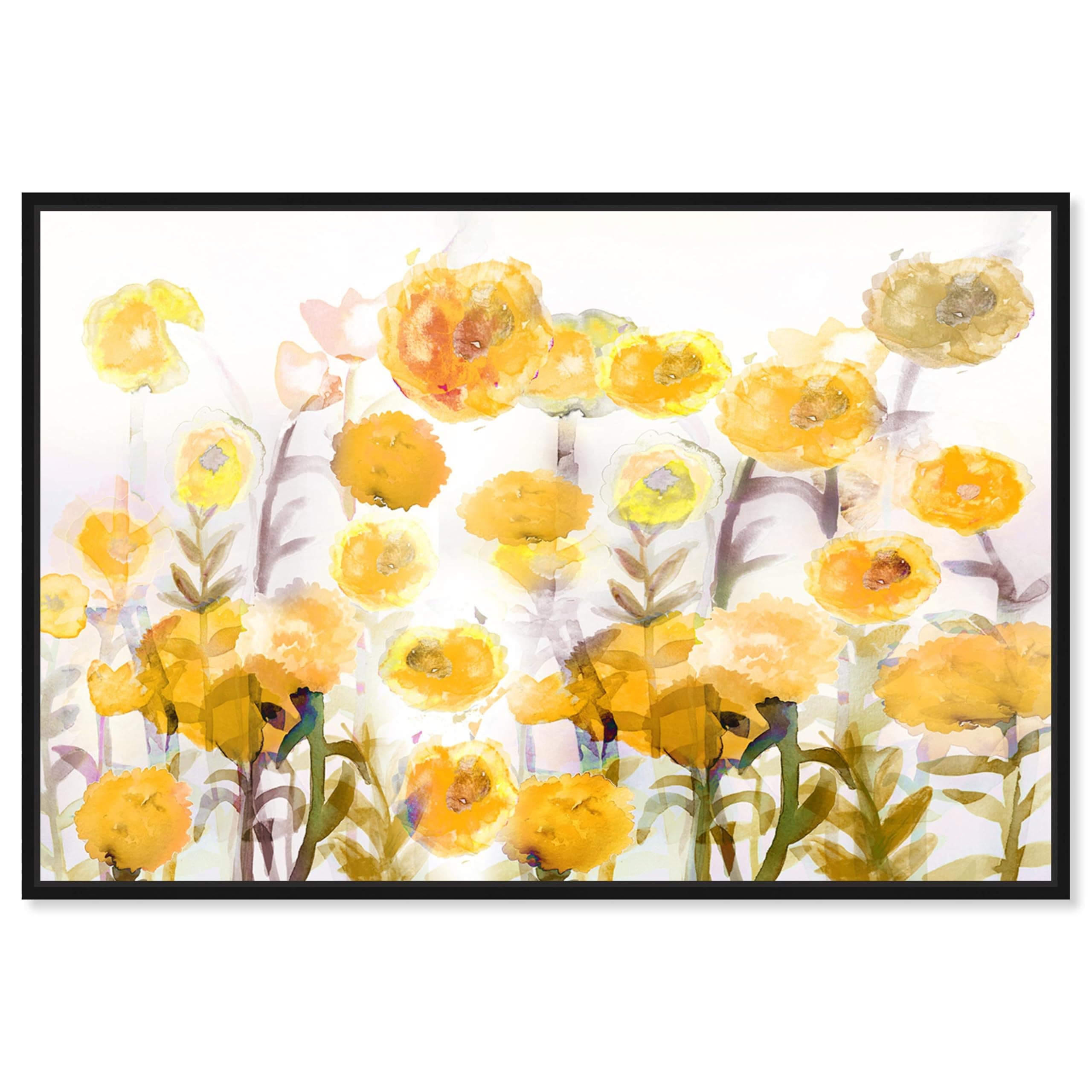 The Oliver Gal Artist Co. Floral and Botanical Wall Art Framed Canvas Prints 'Bella Garden Poppy Yellow' Gardens Black Floating Frame 36" x 24"