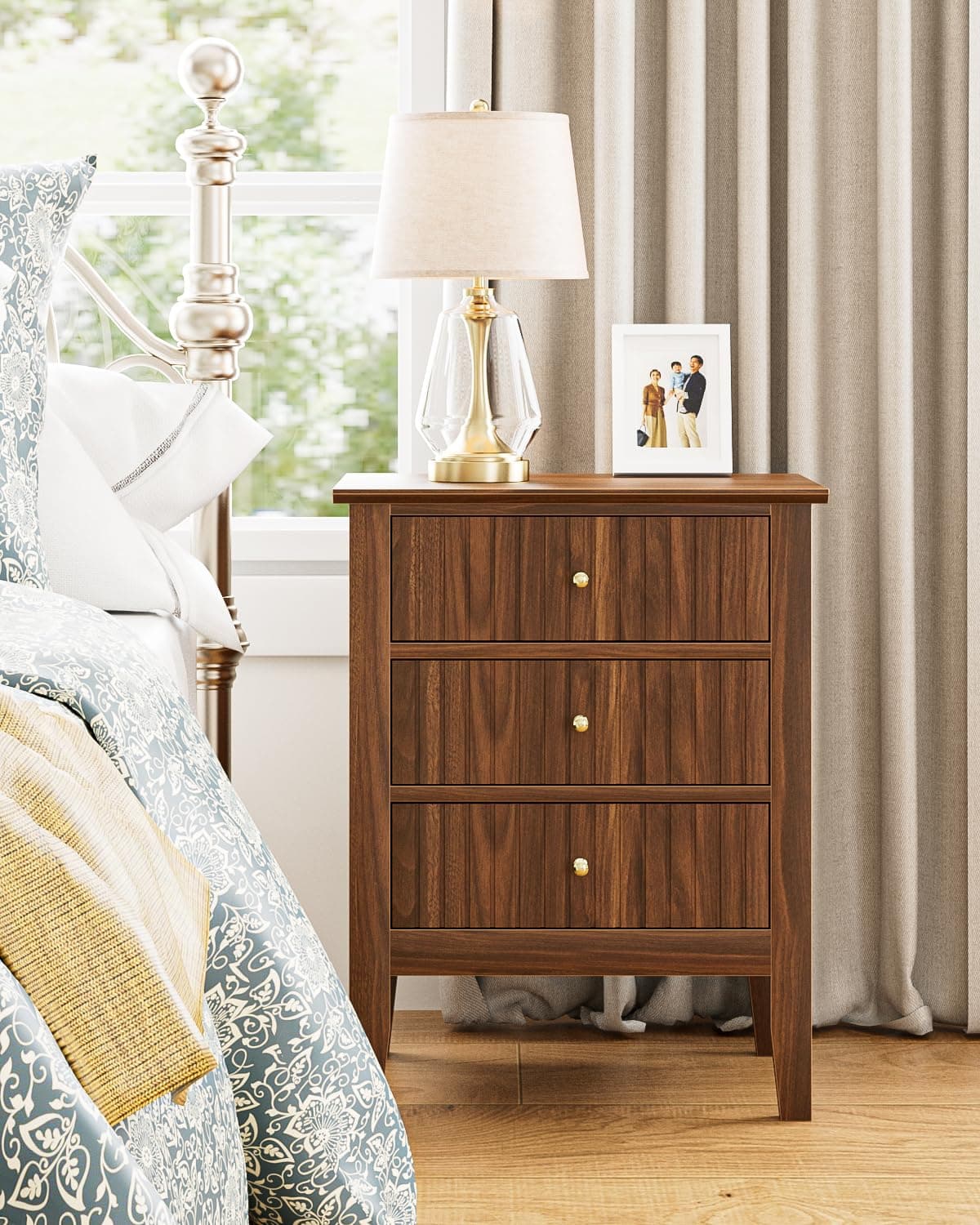Apetaccat Night Stand, Bedside Tall Nightstand with 3 Drawers, Mid Century Modern Side Accent Table, Wooden Side End Table for Bedroom, Living Room, Walnut
