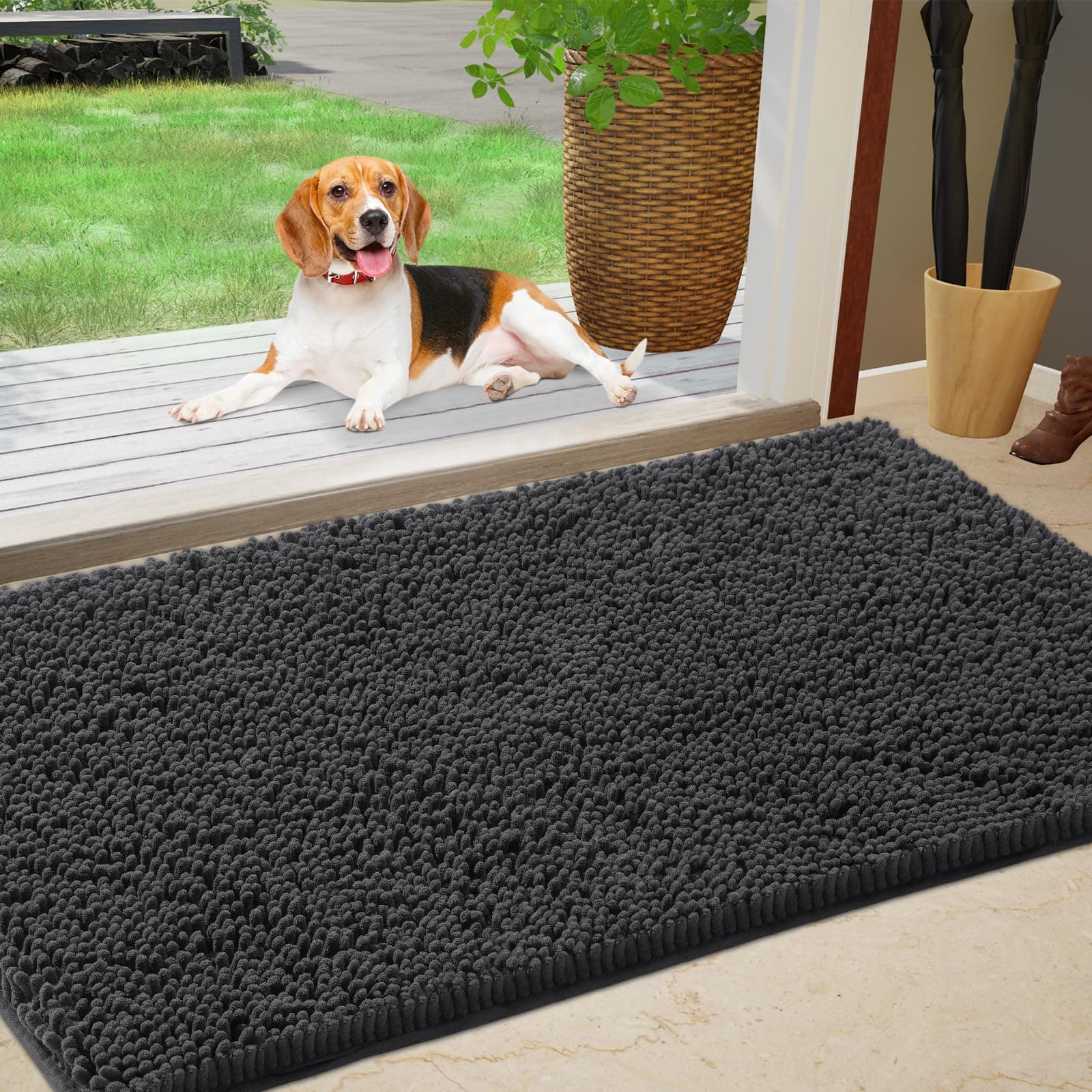 IM HOME Durable Chenille Absorbent Outoor Doormat 36" x 60", Muddy Washable Door Mats for Dog Non Slip Heavy Indoor Doormat Soft Front Inside Doormat for Entryway, Mud Dog Paws, Patio Dark Grey