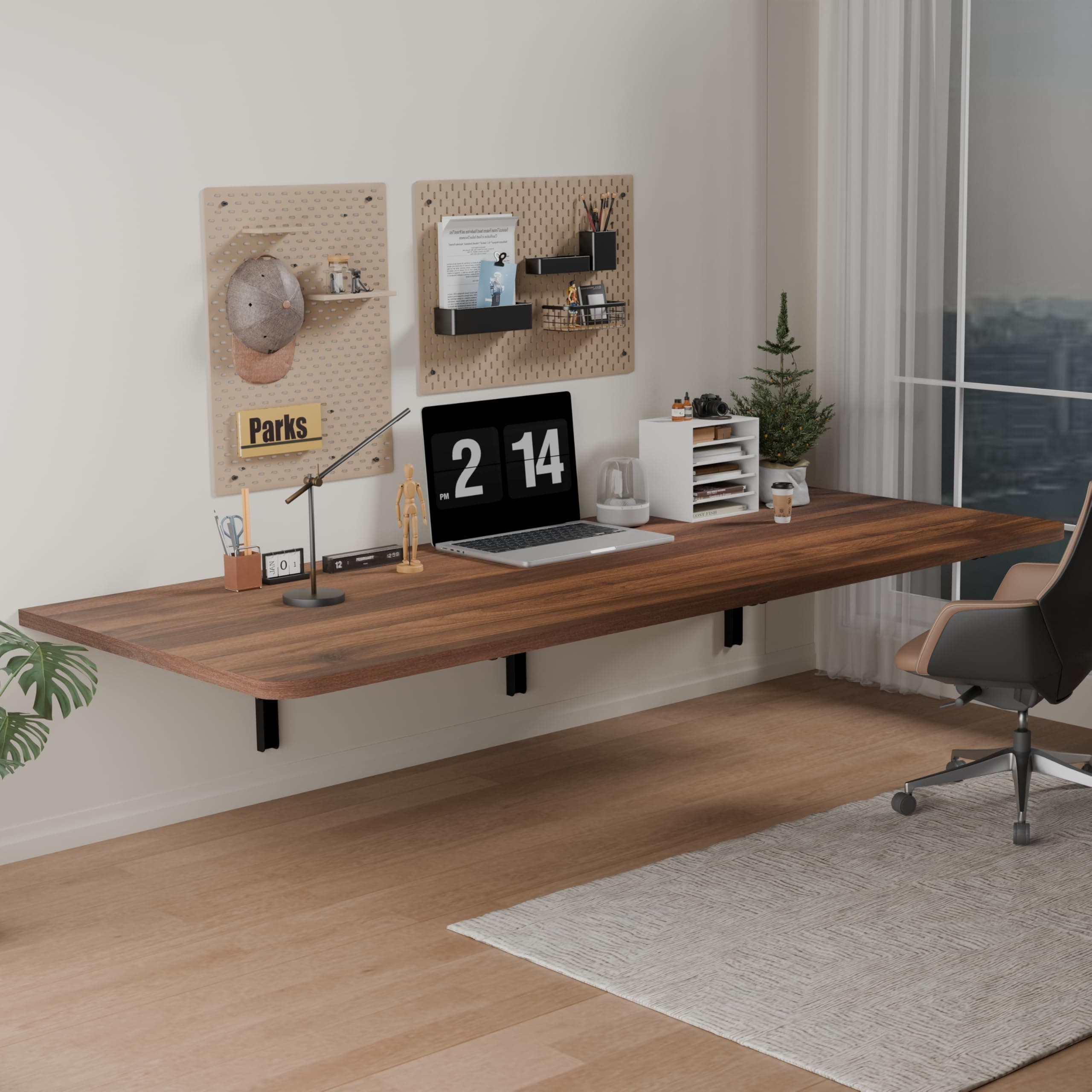 IAE 55x22in Floating Fold Desk,Wall-Mounted Folding Computer Table,Walnut