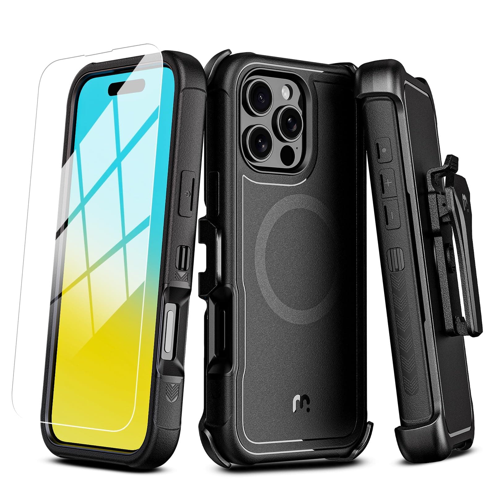 M MYBAT PRO Maverick Series for iPhone 16 Pro Case with Belt Clip Holster,[Compatible with Magsafe] w/Screen Protector,Anti-Drop,Shockproof,with 360°Rotating Kickstand,Heavy Duty Protection