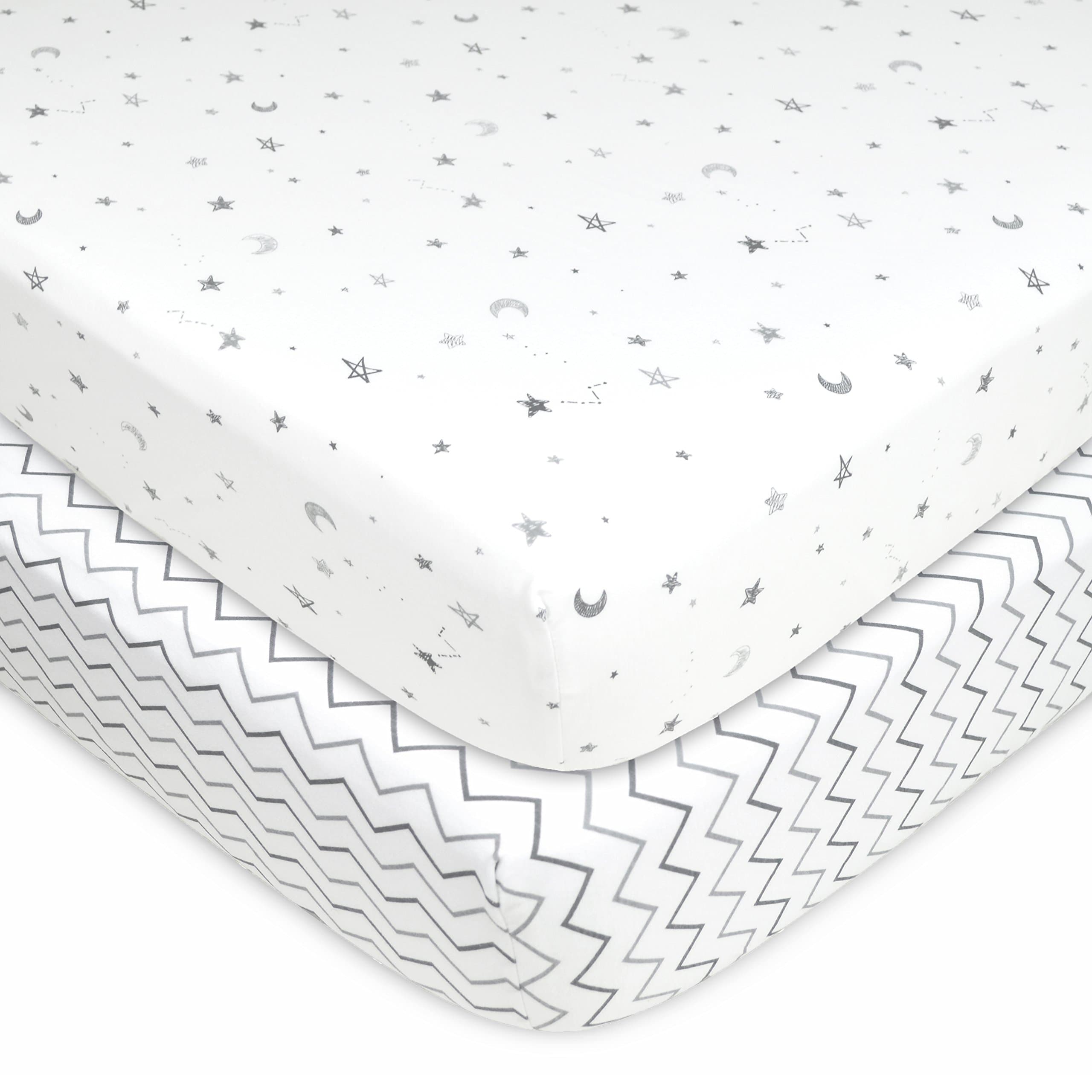 American Baby Company 2 Pack Printed 100% Cotton Jersey Knit Fitted Crib Sheet for Standard Crib and Toddler Mattresses, Gray Star/Gray Zigzag, for Boys and Girls