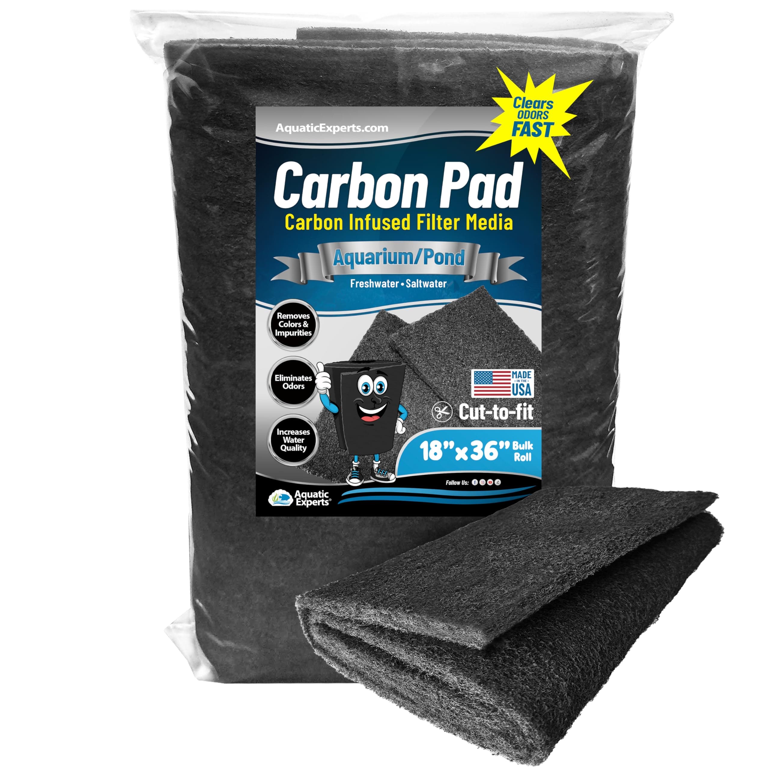 Aquarium Carbon Pad – Cut‑to‑Fit Carbon Infused Filter Pad Media for Crystal Clear Fish Tanks and Ponds, 3/8"–1/2" Thick (18 Inch Width, 36 Inch Long)