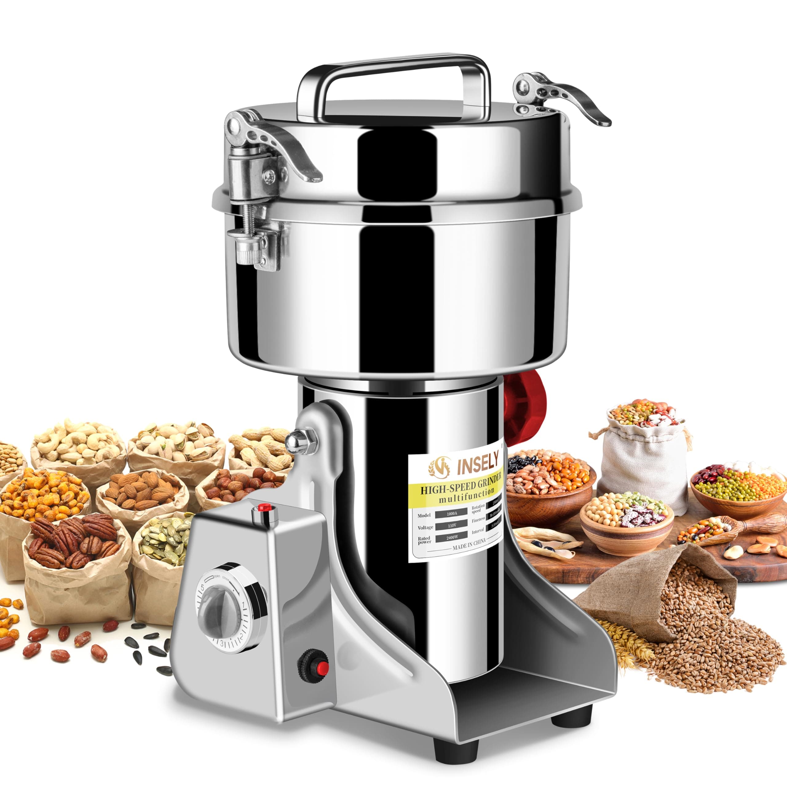 1000g Grain Mill Grinder High Speed Food Grain Mill Stainless Steel Seeds Flour Wheat Nut Spices Corn & Seasonings Dry Grinder Electric Machine Grinder for Kitchen