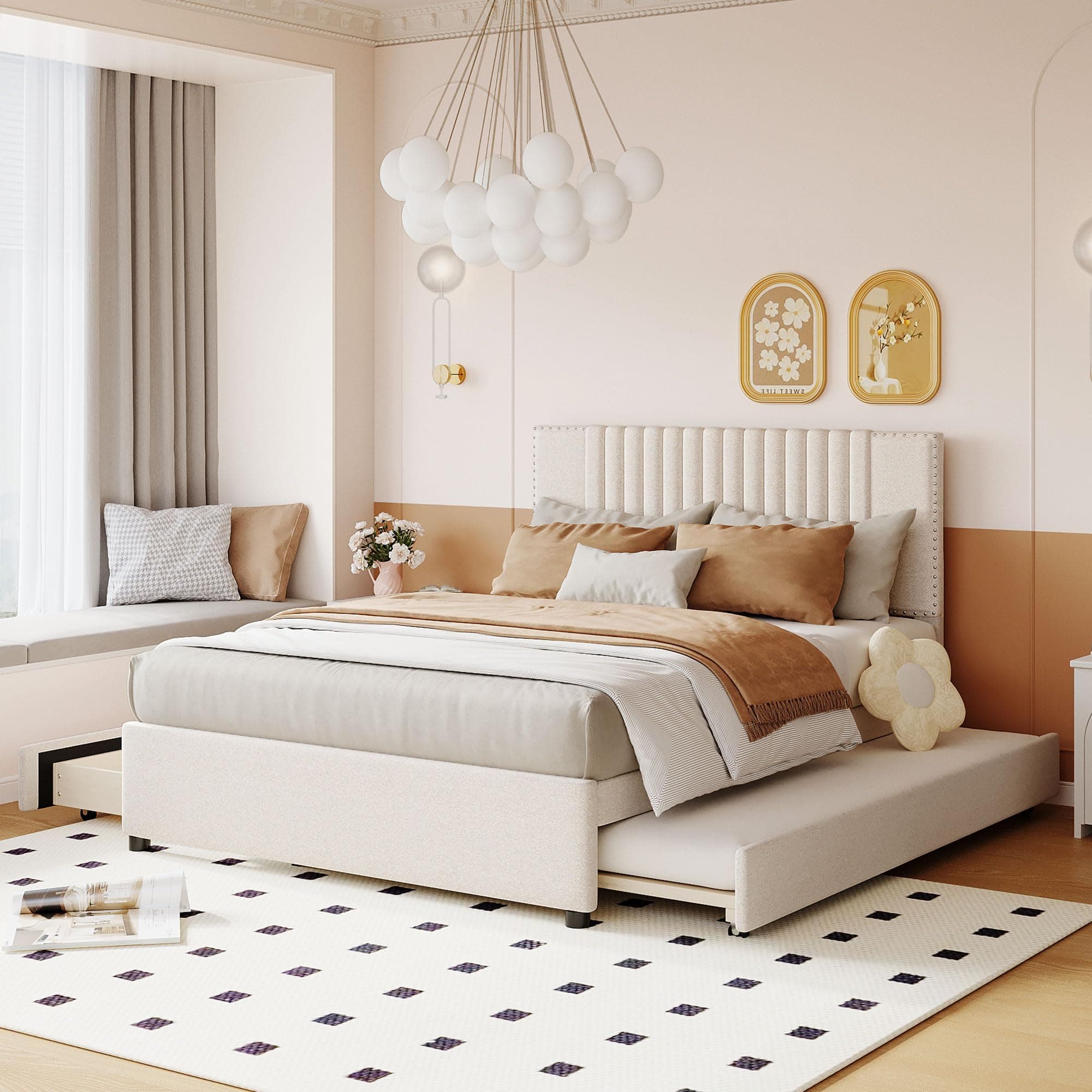 Brisca Full Size Upholstered Platform Bed with 2 Drawers and Twin Size Trundle,Modern Solid Wood Bed Frame W/Classic Headboard Design, for Bedroom, Apartment,Beige