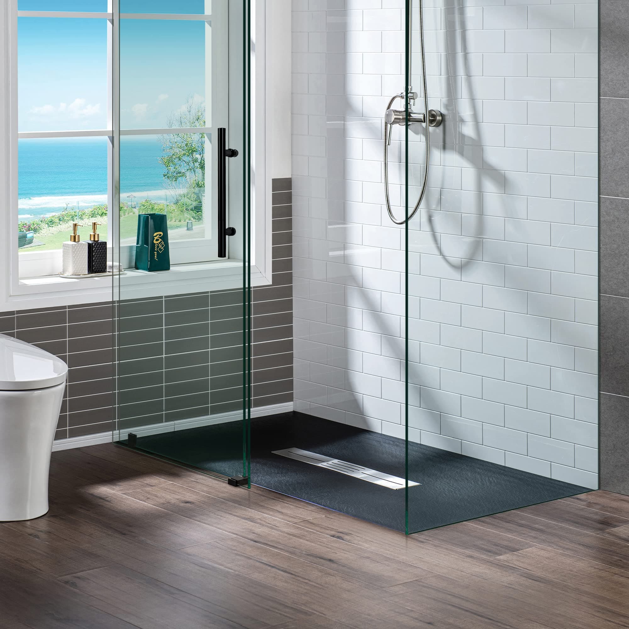 Woodbridge 48-in L x 36-in W Zero Threshold End Drain Shower Base with Center Drain Placement, Matching Decorative Drain Plate and Tile Flange, Wheel Chair Access, Low Profile, Black
