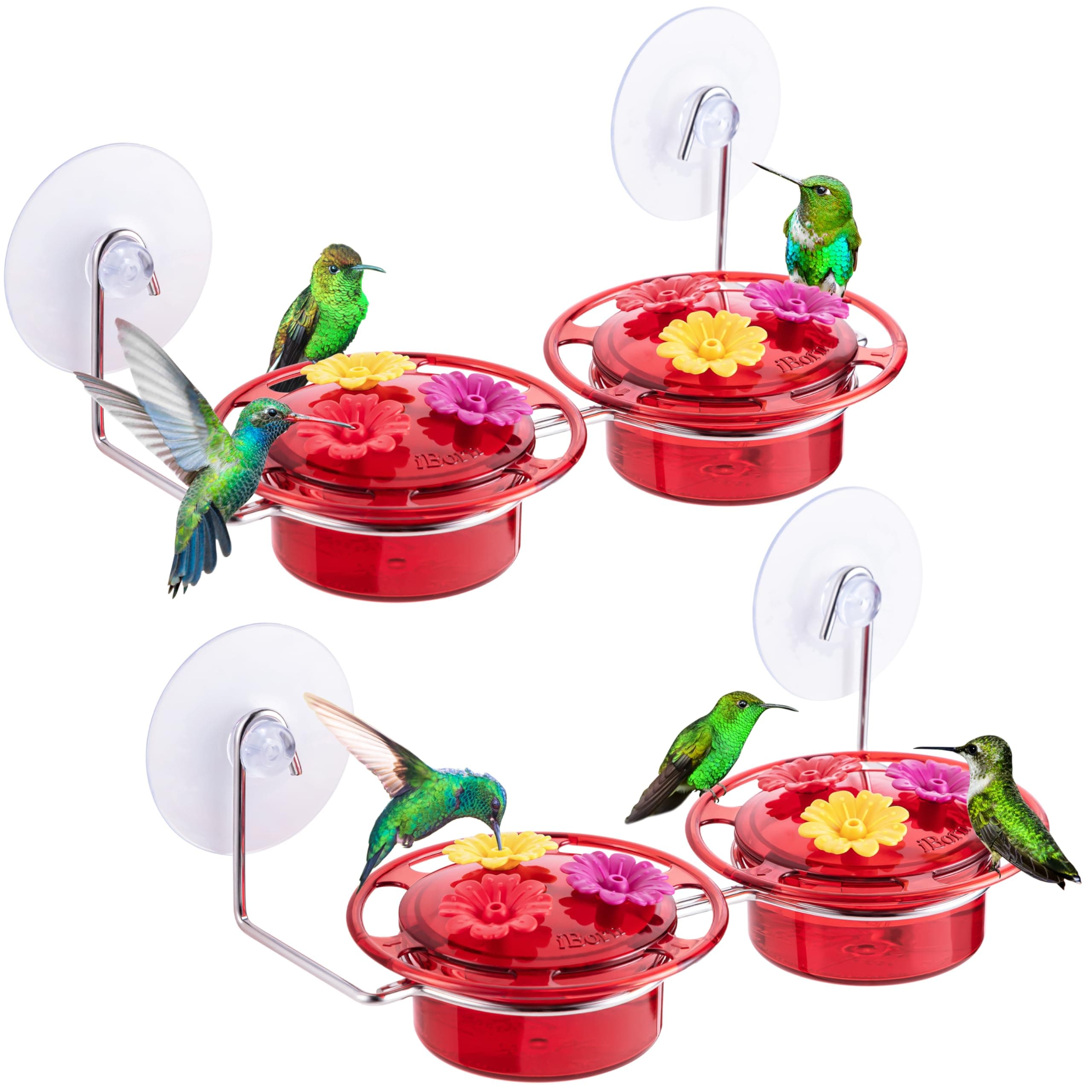 iBorn Window Hummingbird Feeder Hummingbird Feeder with Strong Suction Cup Mini Humming Bird Feeders for Outdoors, Bee-Proof Feeding Ports & Stainless Steel Base, 3oz, 2 Set, 2025 New