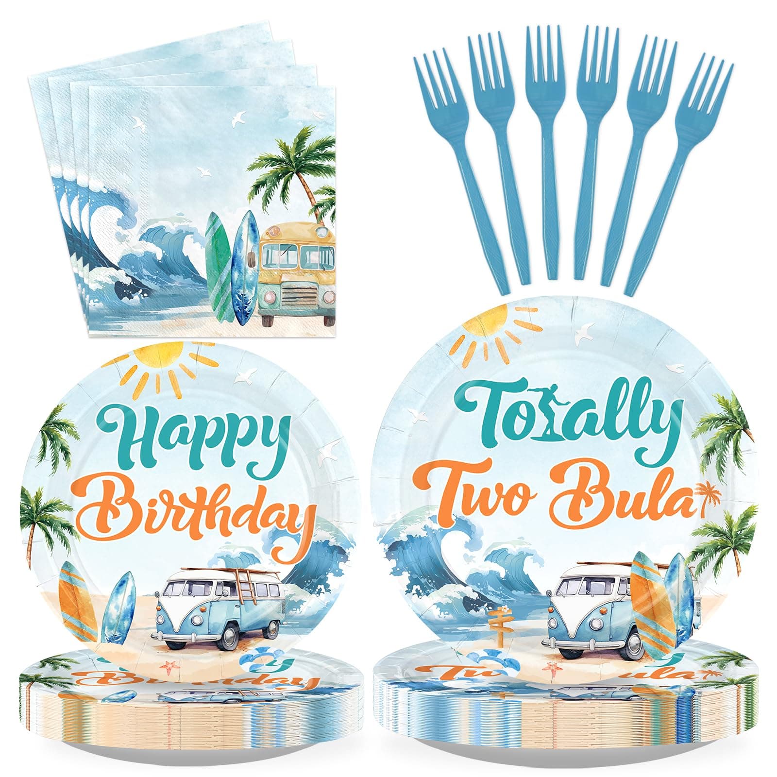 Greencian 96Pcs Summer Surfing 2nd Birthday Party Decoration Totally Two Bular Plates and Napkins Vintage Surfing Birthday Tableware Set for Boys Summer Swimming Pool Hawaii Party Supplies, Serves 24
