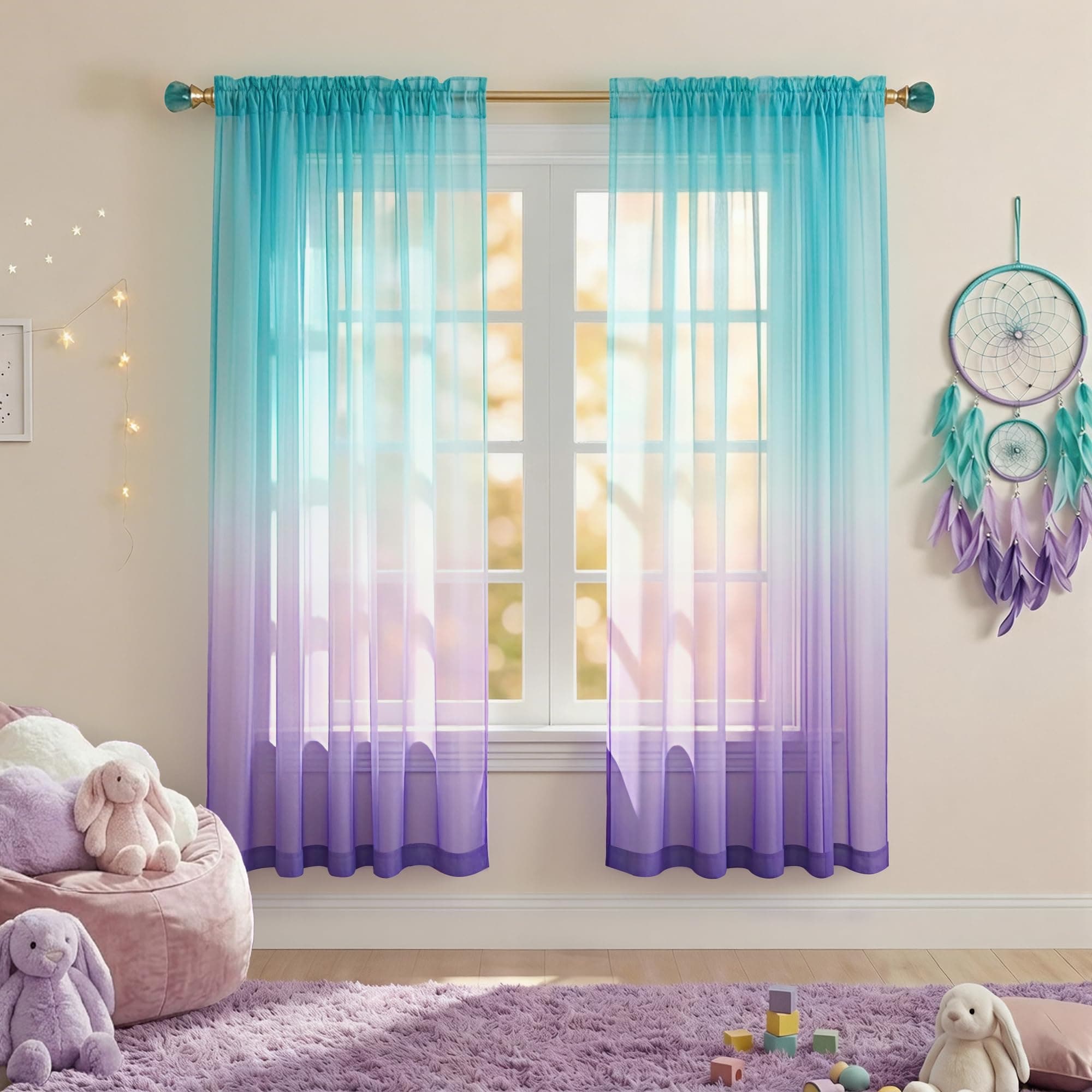 Mermaid Girls Curtains for Bedroom Decor Single Curtain Panel Pocket Window Sheer Drapes Pastel Teal Purple Ombre Curtains for Kids Room Teen Princess Decor Set Lilac Turquoise 52 x 63 Inch Length