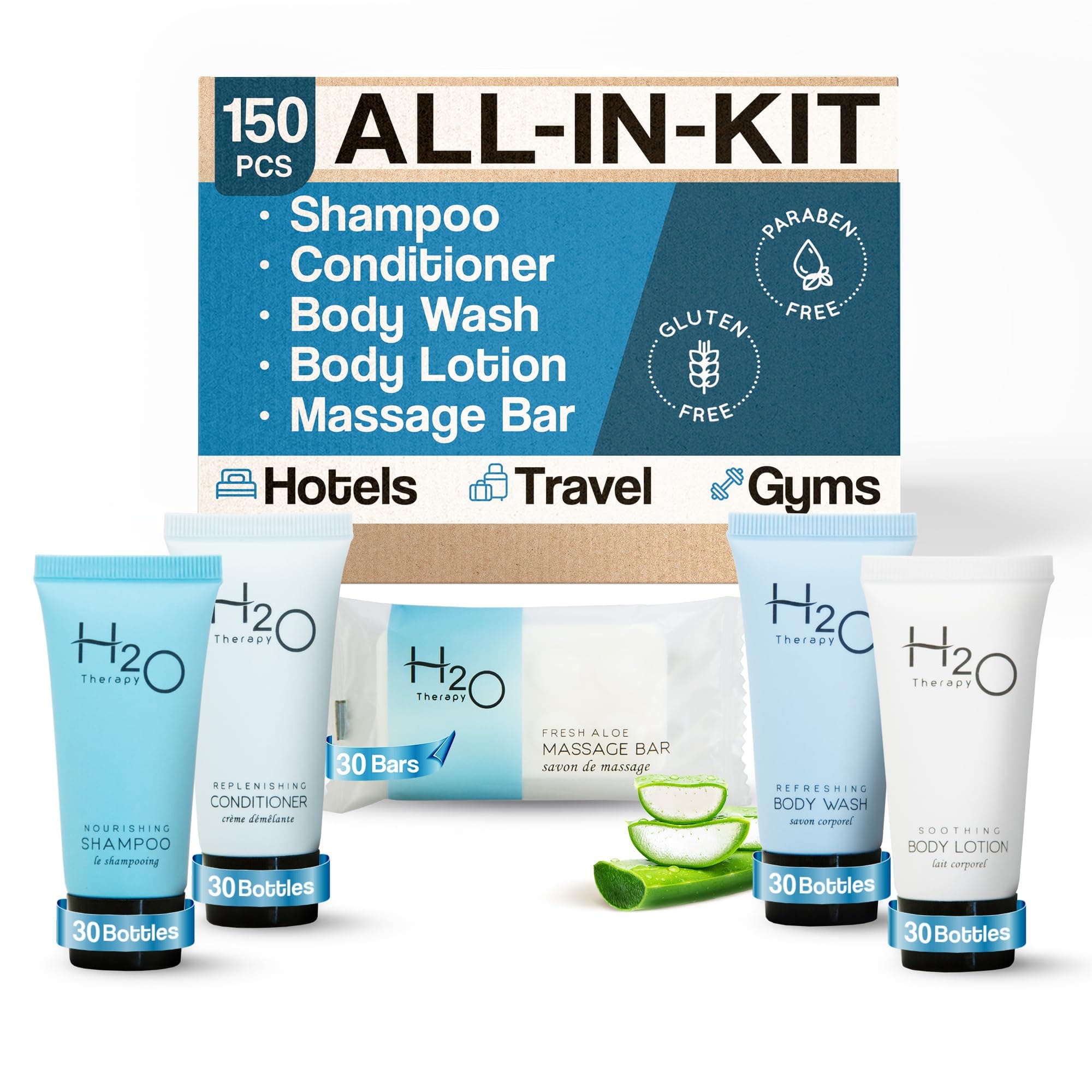H2O Therapy Hotel Soaps and Toiletries Bulk Set | 1-Shoppe All-In-Kit Amenities for Hotels & Airbnb | .85oz Hotel Shampoo & Conditioner, Body Wash, Body Lotion & 1 oz Bar Soap Travel Size | 300 Pieces