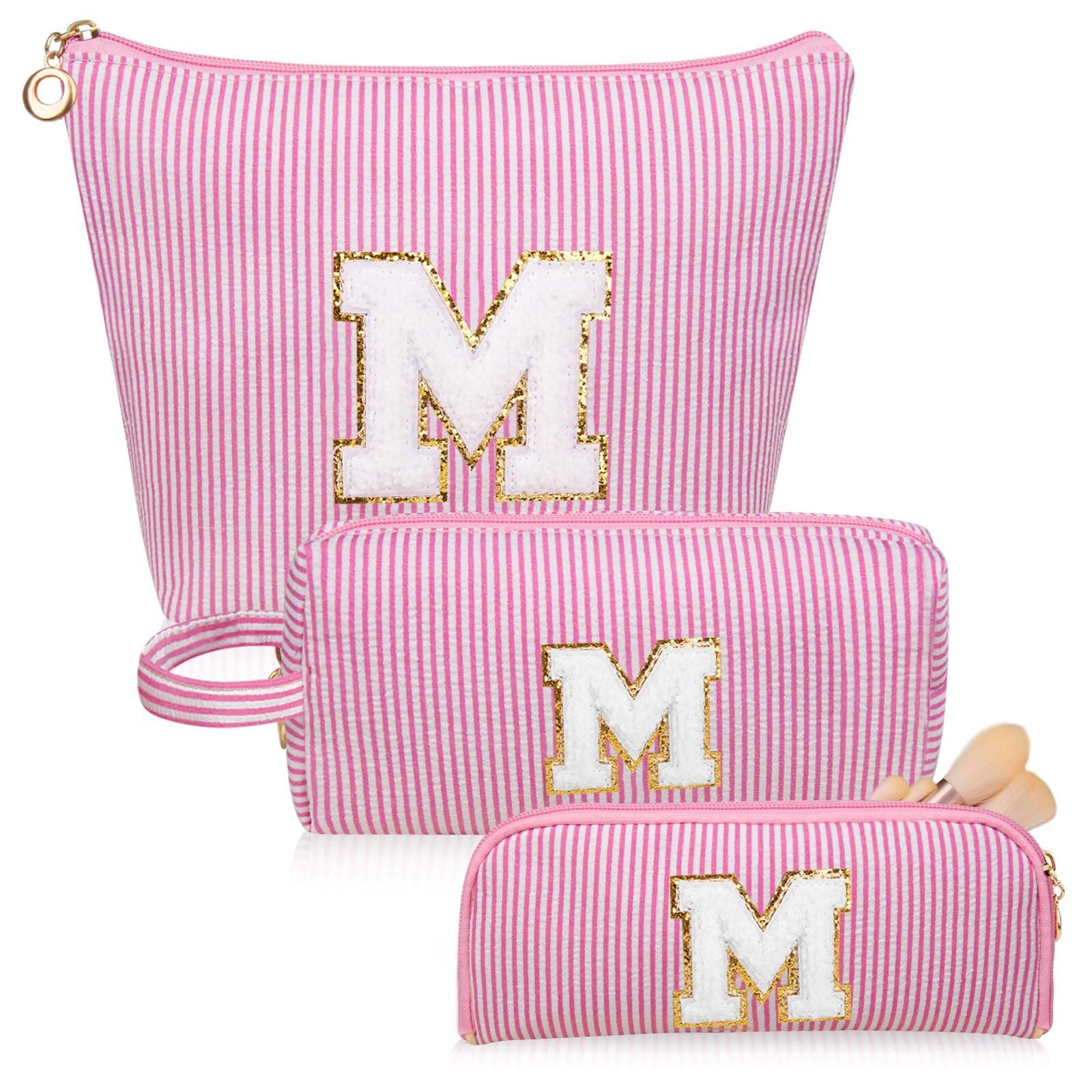 Junesters Personalized Initial Makeup Bag, Embroidered Stripe Travel Cosmetic Case, Large & Small Pouch Set for Women