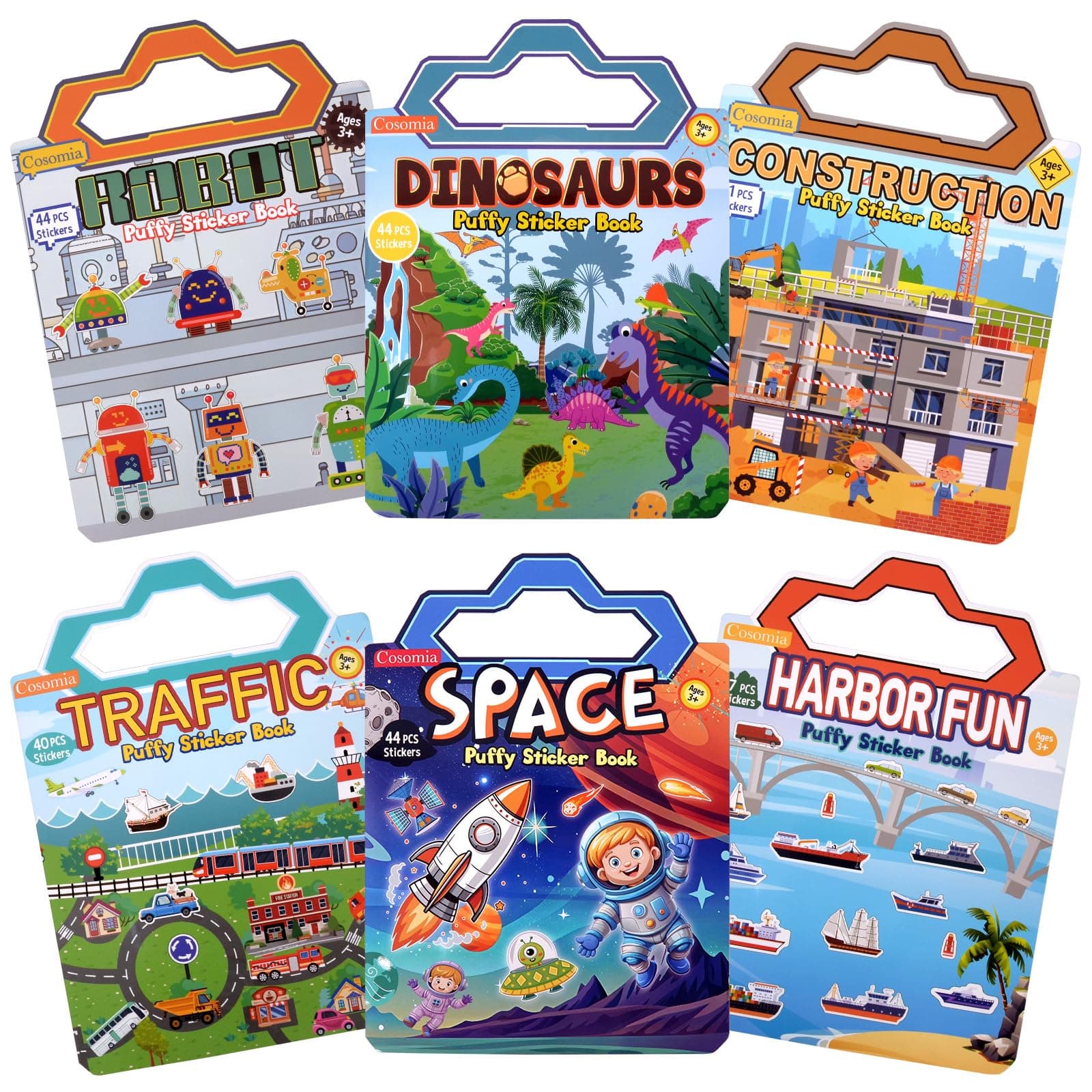 6 Set Puffy Sticker Books Activity for Boys, Traffic, Space, Dinosaur, Harbor, Robot, Construction, Stickers for Boys and Girls, Travel Sticker Books for Kids Ages 3+