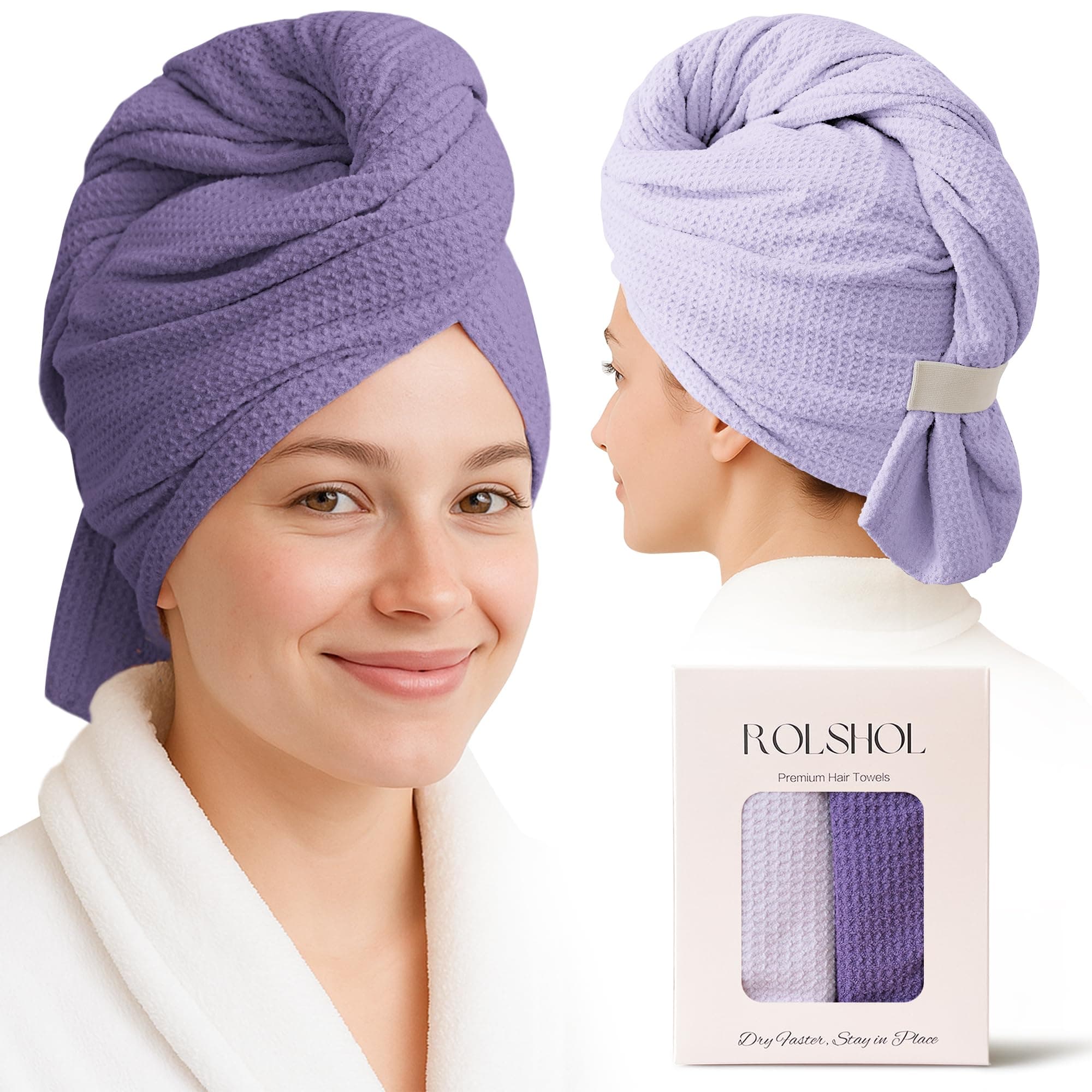ROLSHOL 2 Pack Waffle Microfiber Hair Towel Wraps for Women, 32 x 11 in