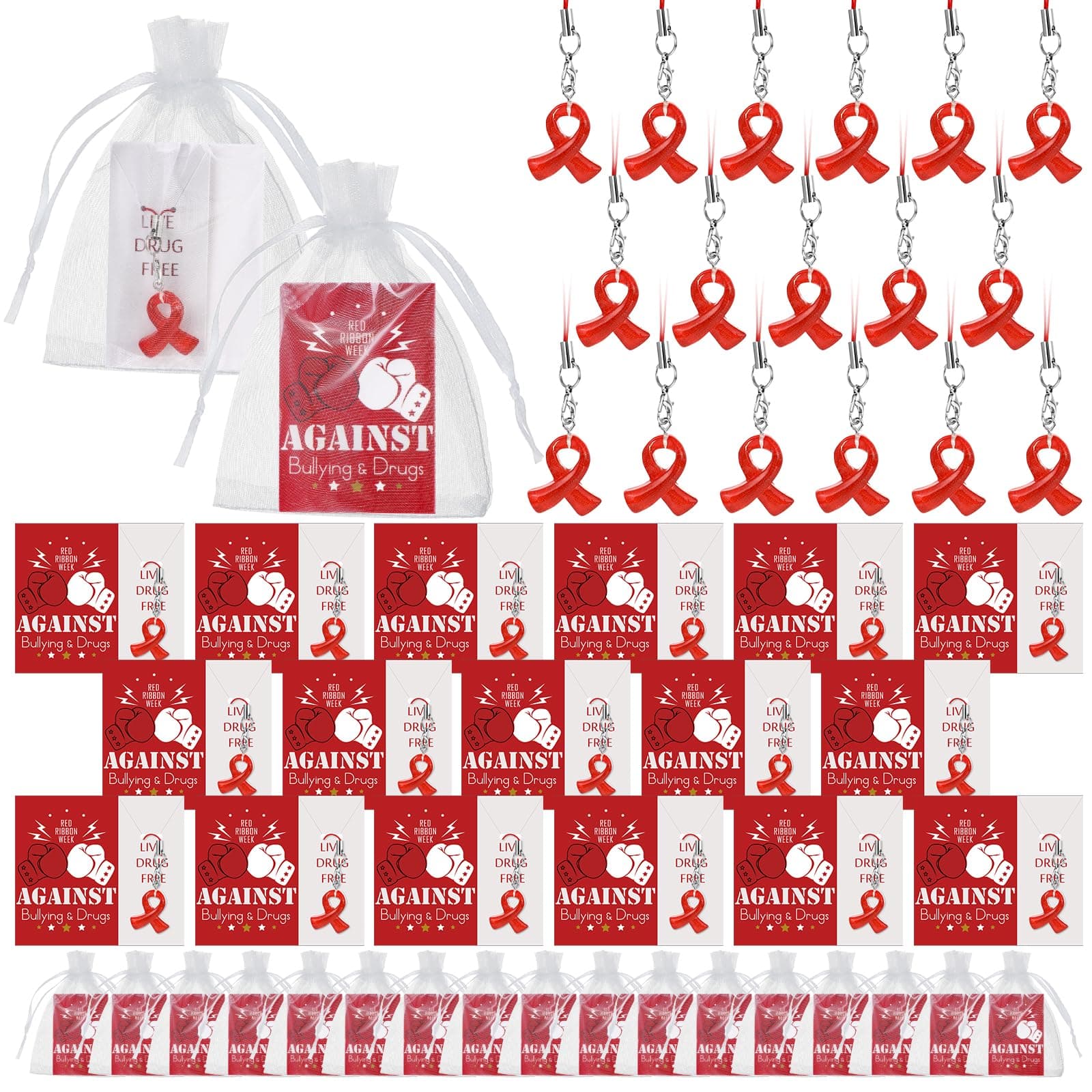 Ecation 48 Set Red Ribbon Awareness Keychain Phone Charm Bulk with Card and Bag Red Ribbon Anti Drug Campaign Events Supplies, Mainly Red