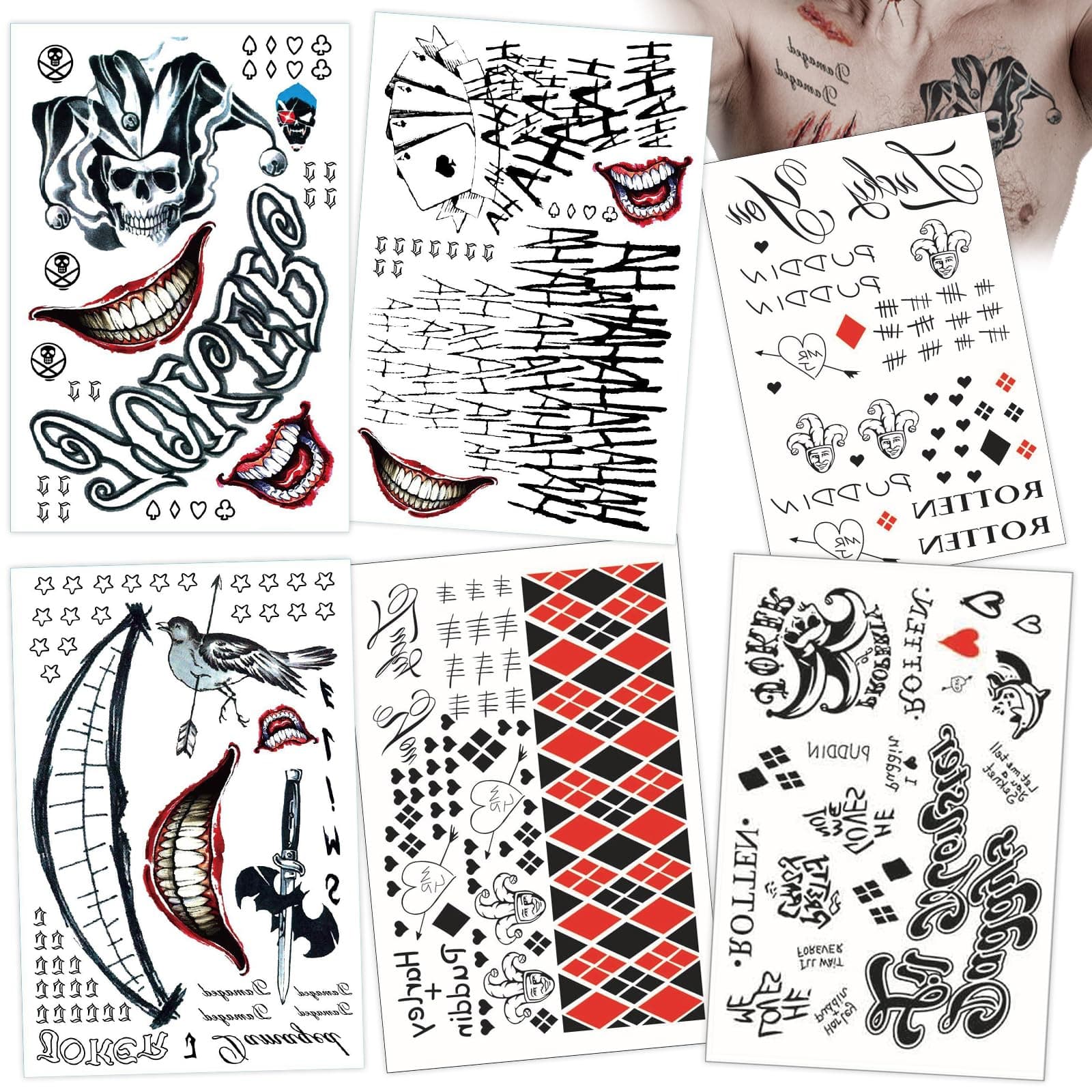 16 Sheets Joker HQ Tattoos,Realistic Halloween Temporary Tattoos Adult