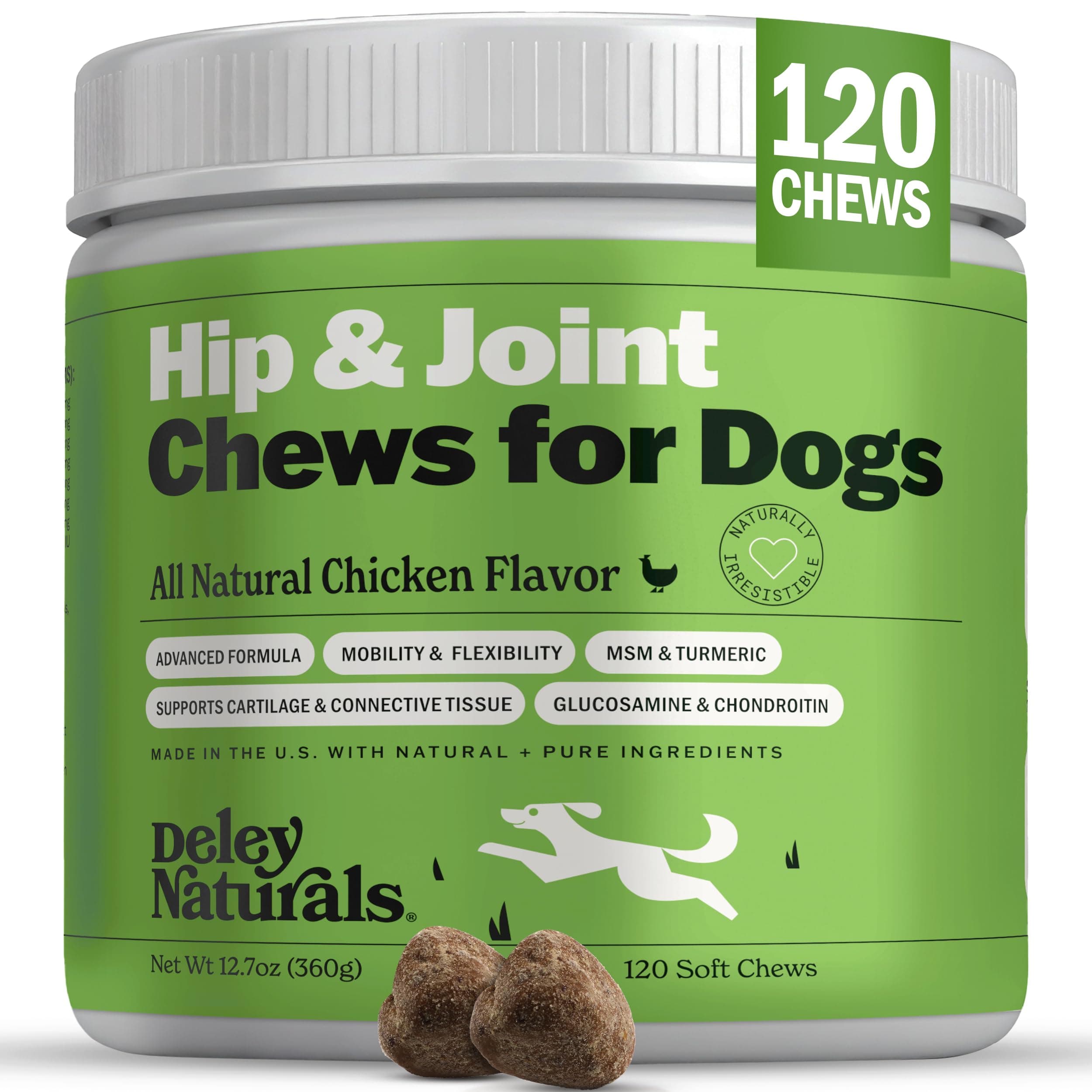 Deley Naturals Hip and Joint Supplement for Dogs - Glucosamine Chondroitin MSM & Collagen for Dogs - Dog Joint Supplement, Smaller Chews, Low Calories, Same Ingredients - 120 Chicken Flavor Chews