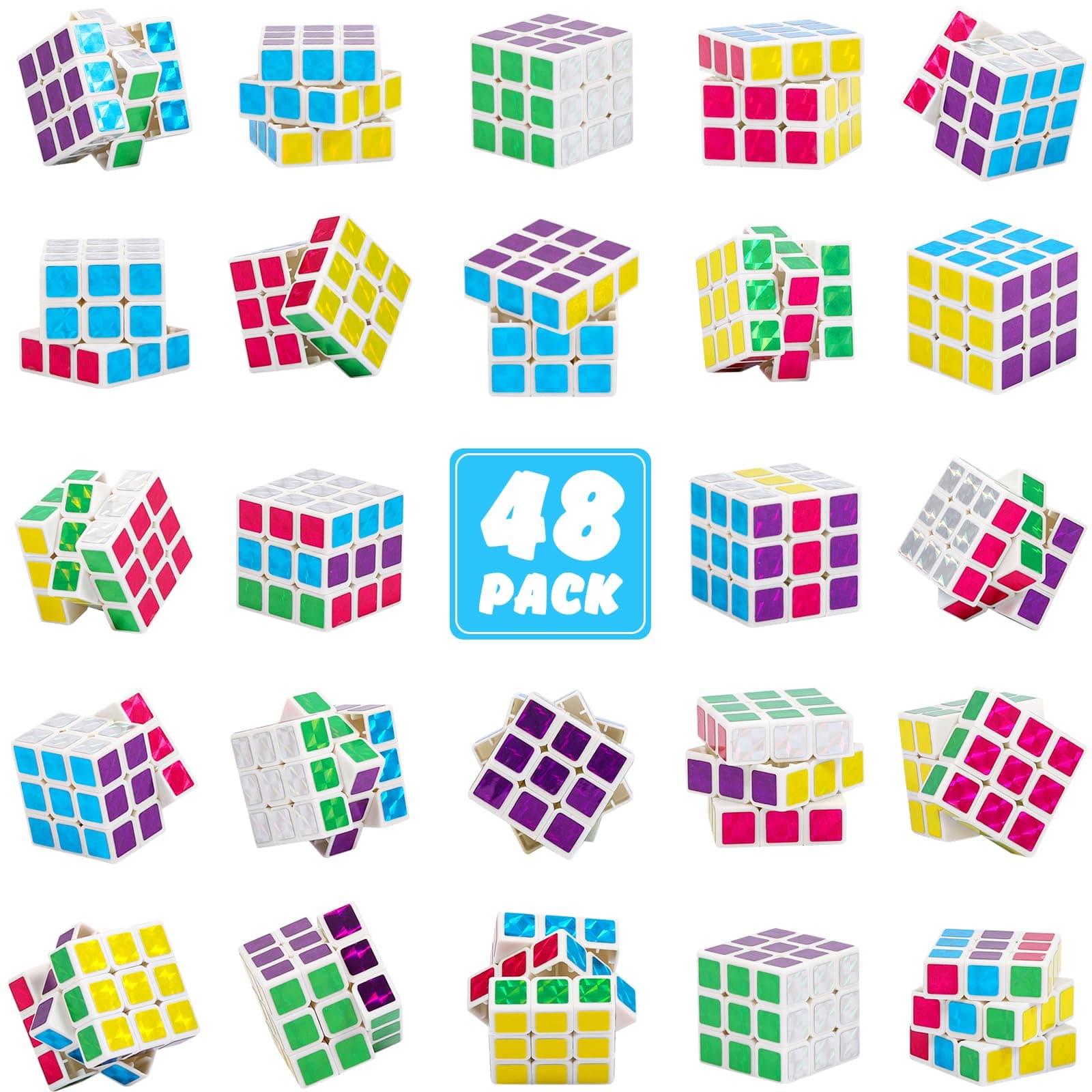 ASONA 48 Pcs Mini Cubes Bulk, Holographic White Base Puzzle Cubes Birthday Party Favors, 1.18in 3×3×3 Cube Set, Stress Relief Toys, Party Favors Cube, Party Supplies for Kids and Adults