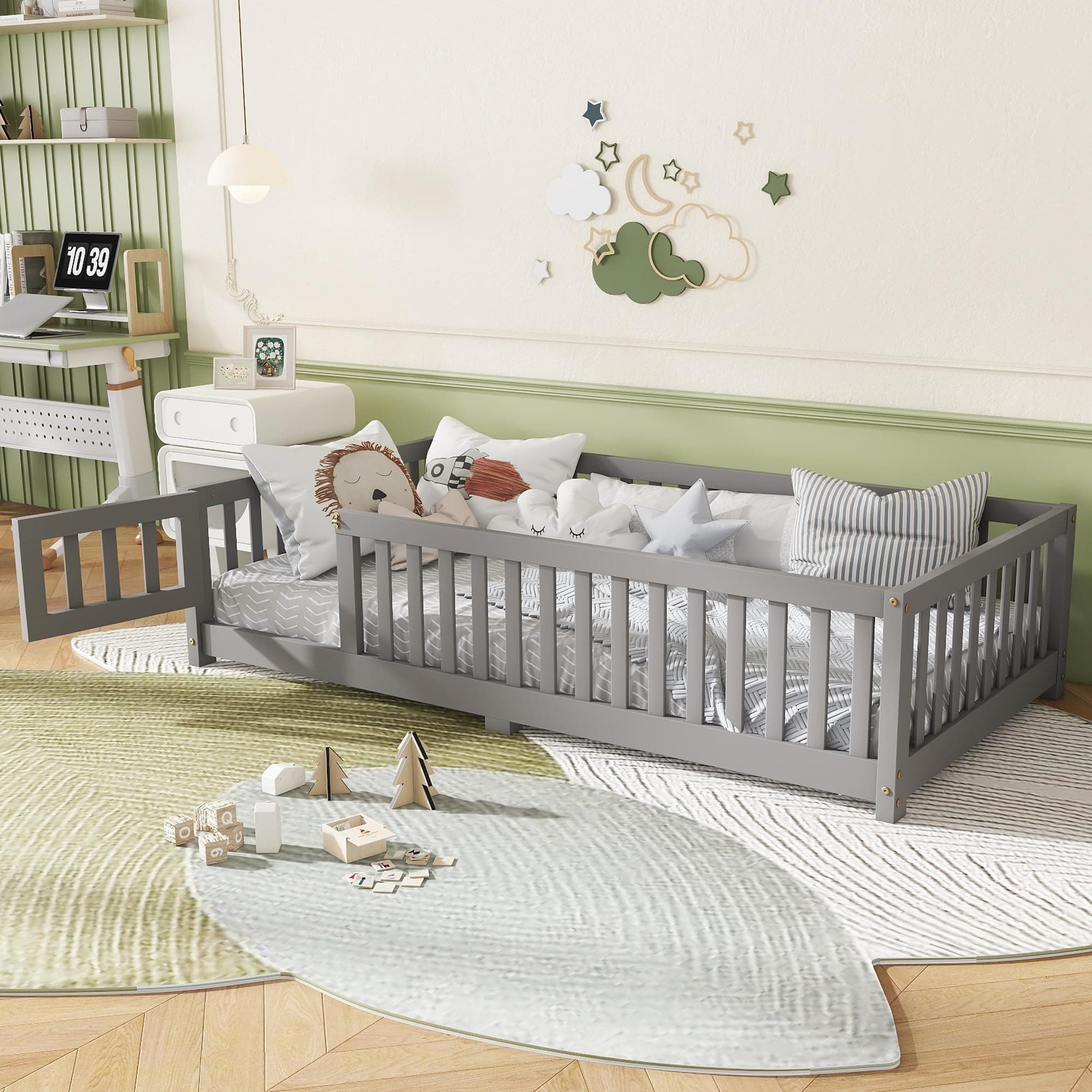Twin Floor Bed with Slats and Center Support Bar, Montessori Floor Bed with Fence and Door, Kids Montessori Bed Twin Size, Wood Montessori Floor Bed for Kids, Girls, Boys(Twin Gray)