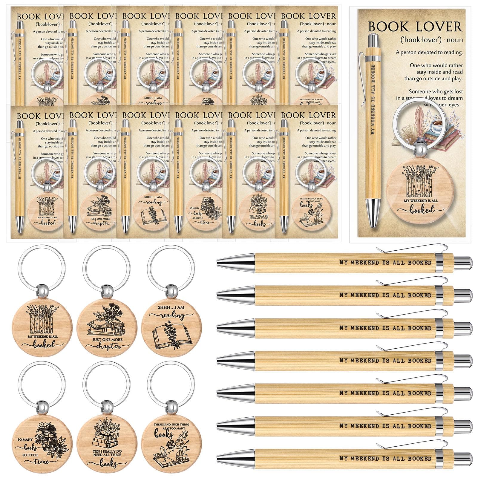 Sayglossy 12 Sets Book Lovers Club Gifts for Women Wooden Book Keychains Bulk Bookish Ballpoint Pens with Retro Gift Cards Opp Bags for Bookworm Students Classroom Rewards, 6 Styles