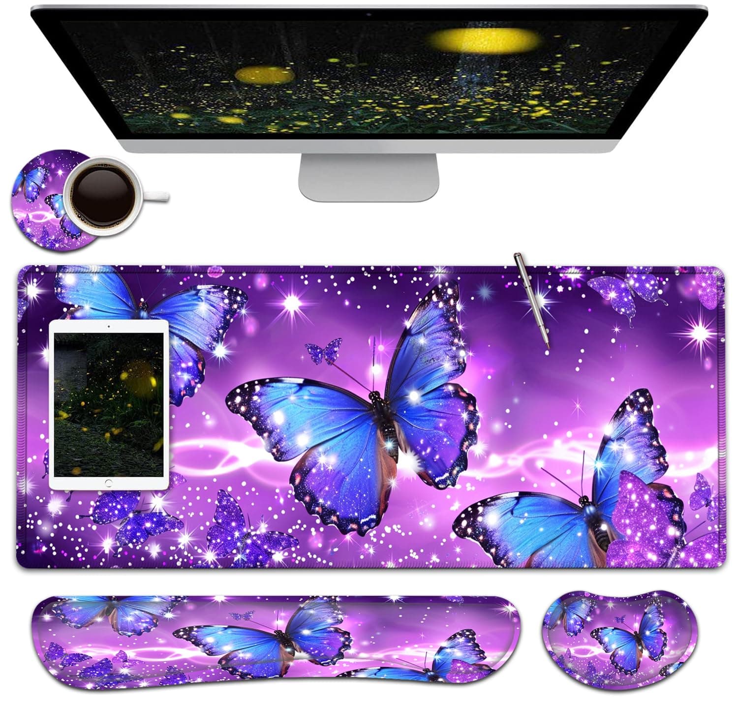 Large Mouse Pad + Keyboard Wrist Rest Set, Extended Gaming Mousepad (31.5X11.8 inch) with Non-Slip Rubber, Ergonomics Memory Foam Mouse Wrist Rest Support, Blue Butterfly Purple Pattern XXL Desk Pad