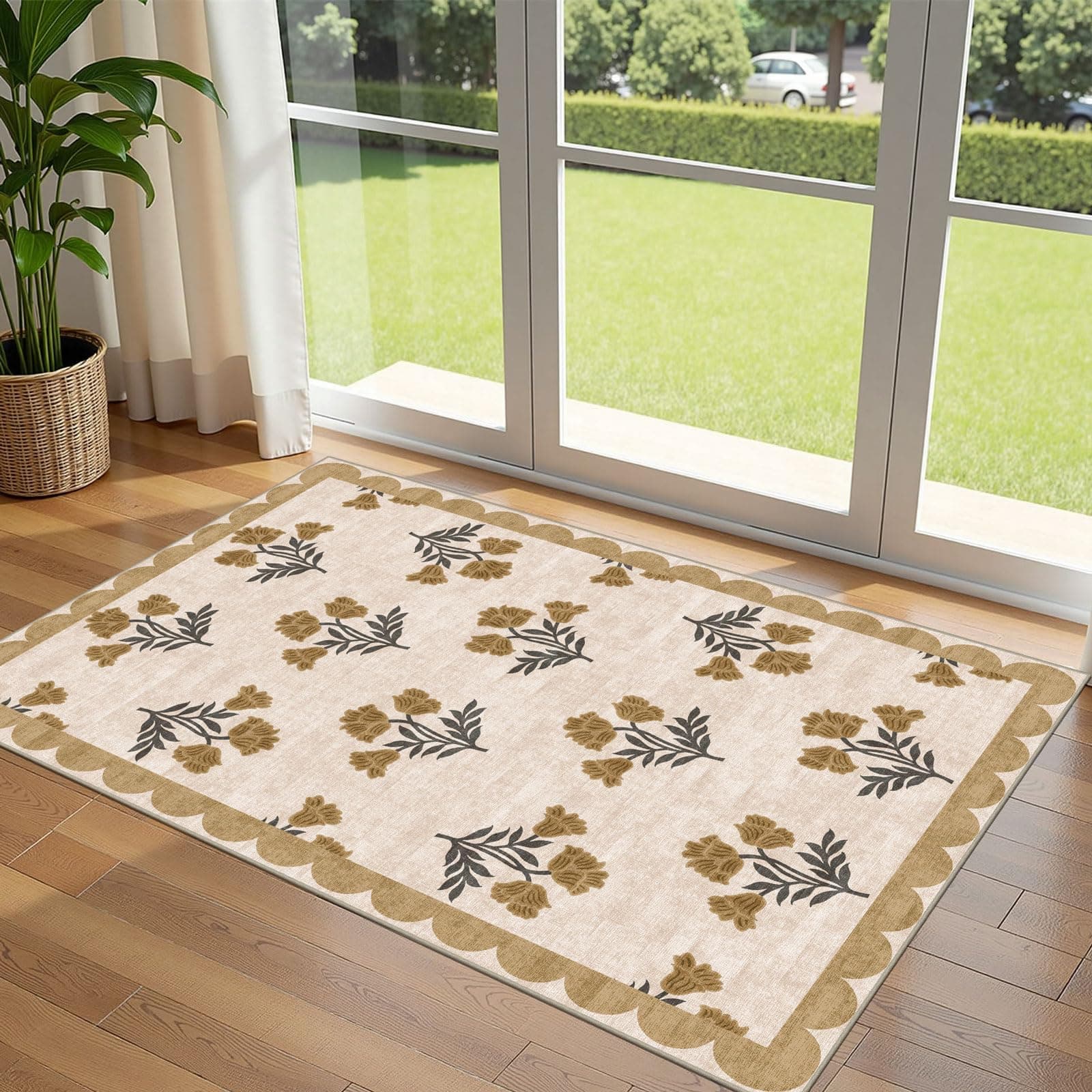 Othilic 3x5 Floral Entry Rug - Small Washable Indoor Outdoor Mats for Front Door Non-Slip Porch Rug Beige Vintage Farmhouse Throw Rugs for Living Room Bedroom Entryway Kitchen Office Porch Decor