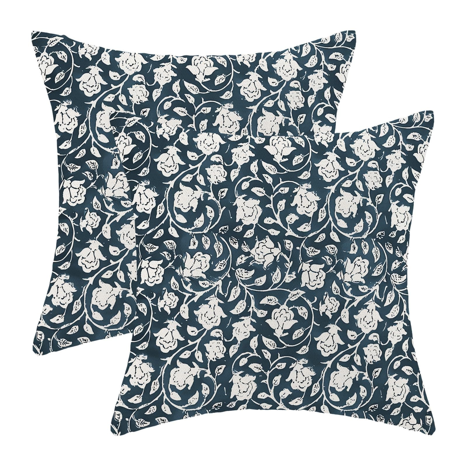 CXMEIFLY Navy Blue Cream Pillow Covers 18 x 18 Inch Set of 2 Boho Vintage Floral Decor Throw Pillows Flower Spring Summer Outdoor Seasonal Linen Farmhouse Decorative Pillowcases for Couch Bed Sofa