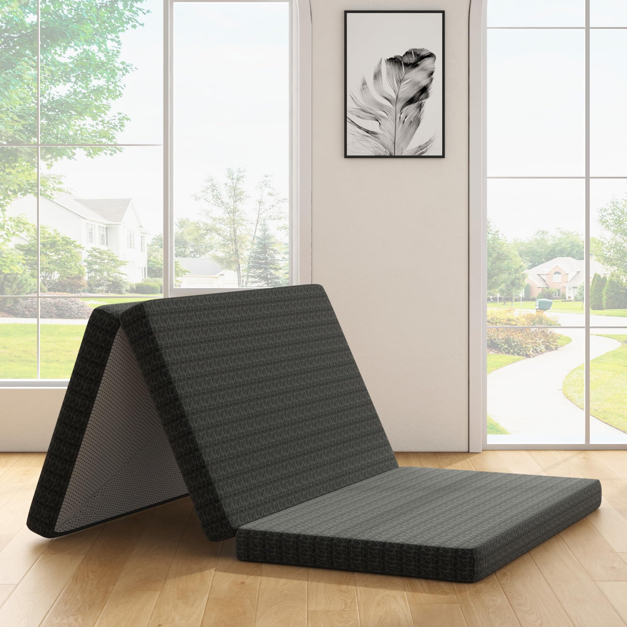 Tri-Fold Memory Foam Mattress, 3 inch Queen Folding Mattress with Collapsible and Washable Cover, Travel and Guest Mat, Black