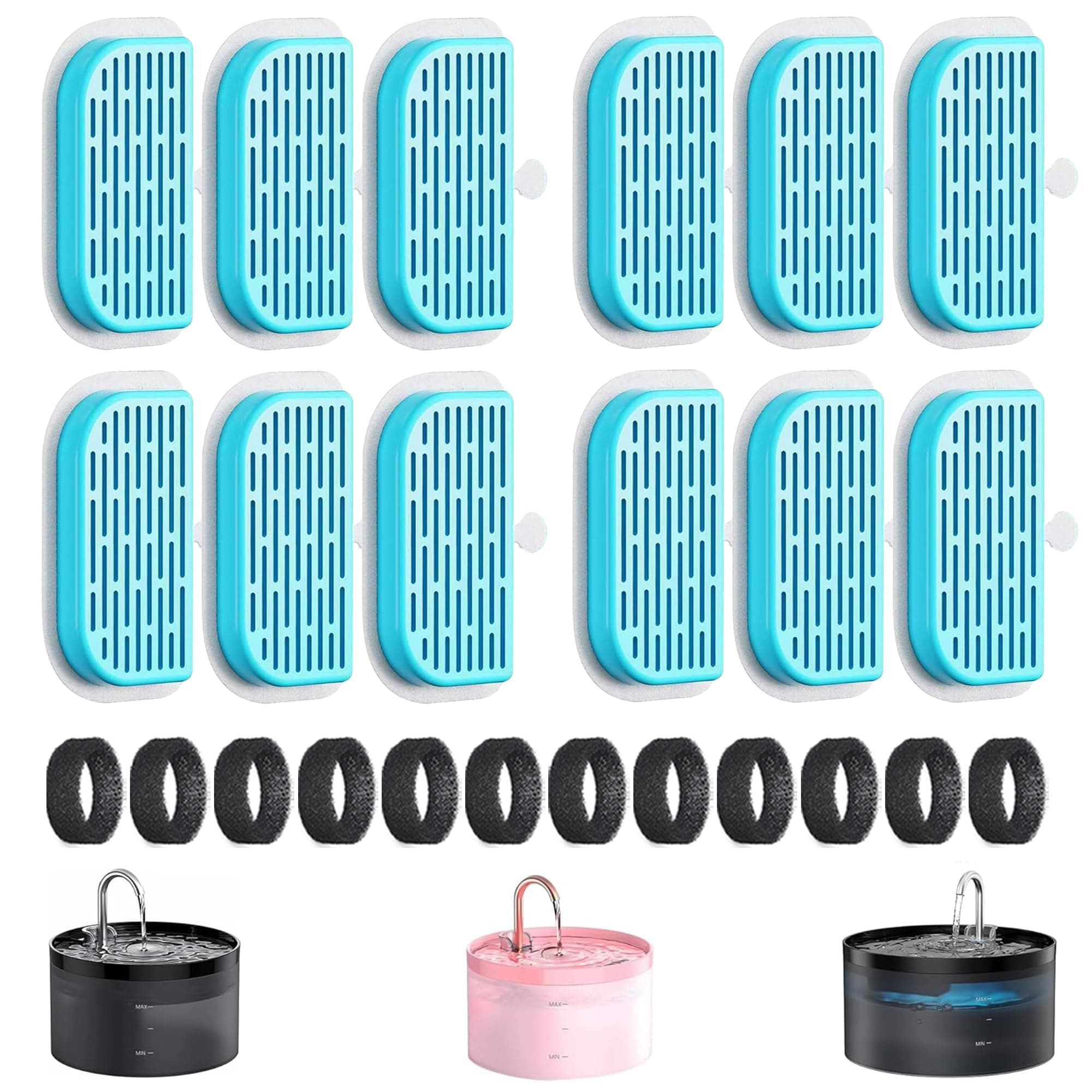 GIOTOHUN Cat Fountain Filter Cat Drinking Fountain: 24 Filters for Cat Fountain - 12 Activated Carbon Filters + 12 Foam Filters - Filter Drinking Fountain Cats - Multiple Filtering - Hair Removal