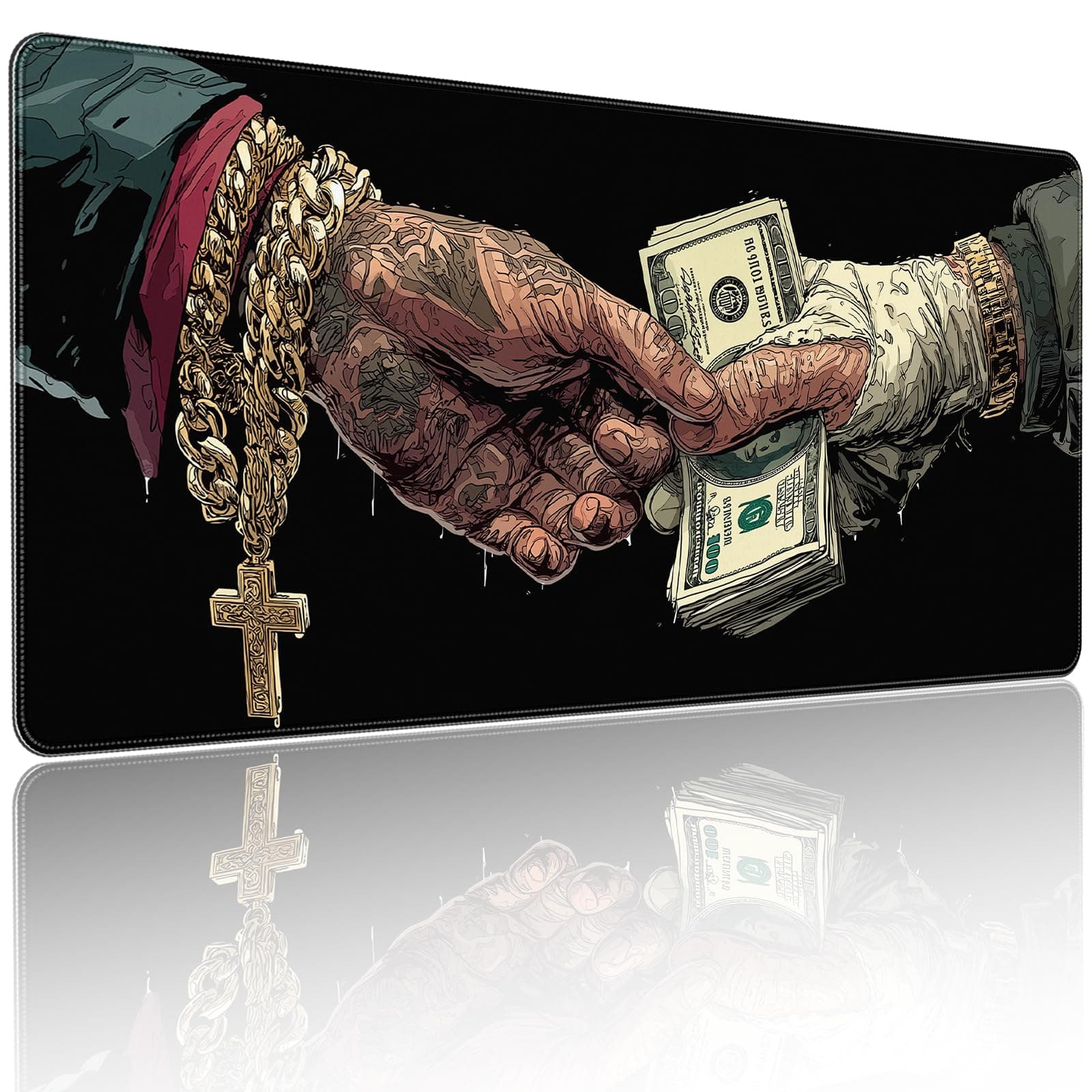 Extended Gaming Mousepad with Cross and Dollar Bill Designs, 35.4 x 15.7 inches, Featuring a Non-Slip Base and Waterproof Surface, Suitable for Home Office and Work environments.