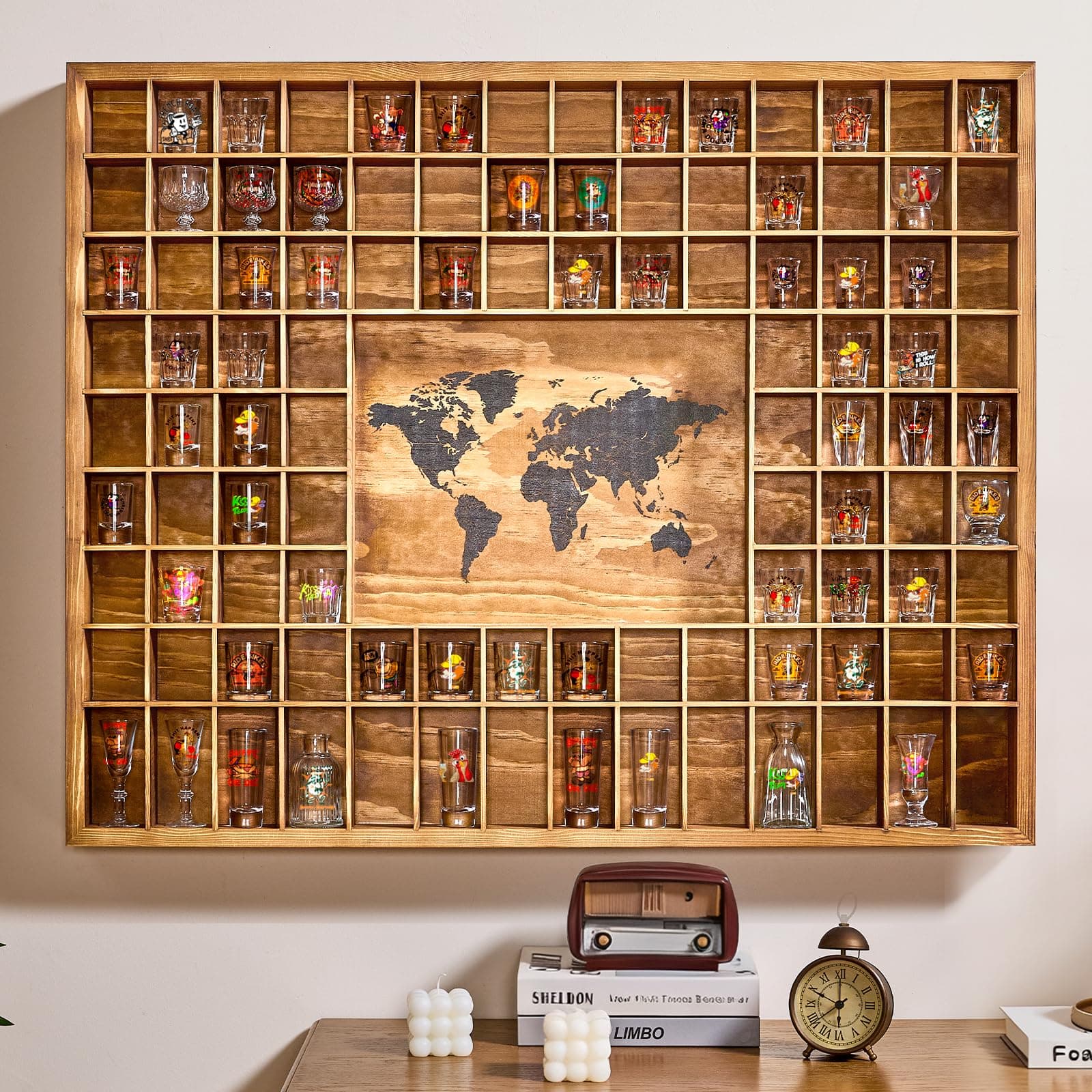 Tristcily Large World Map Shot Glass Display Case 102 Slots 39.37 X 31.69''Rustic Brown Wood Holder for 2 Different Size Shot Glass in Living Rooms Bars Wine Cellars Used for Jewelry Stones & Shell