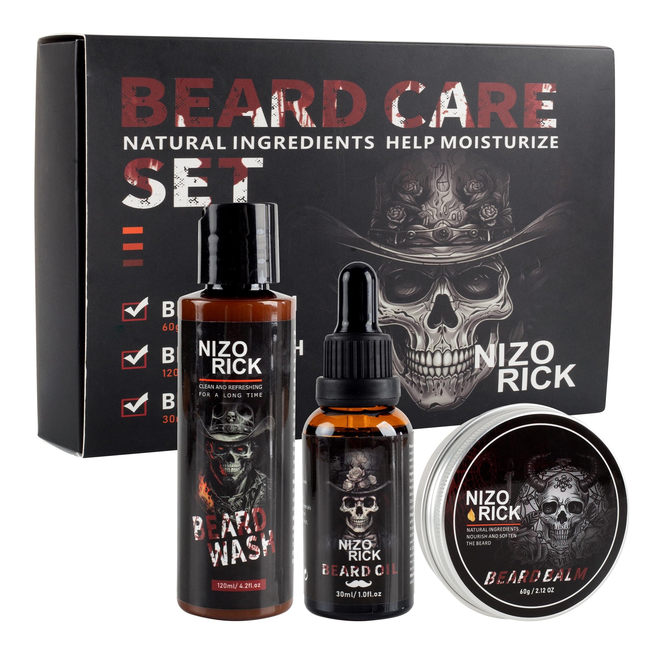 NIZORICK Beard Kit for Men, Shampoo, Beard Oil & Balm, Reduces Dry & Itching, Make Beard Soft and Smoothes - Perfect Valentine’s Day, Birthday & Halloween for Him (Sandalwood)