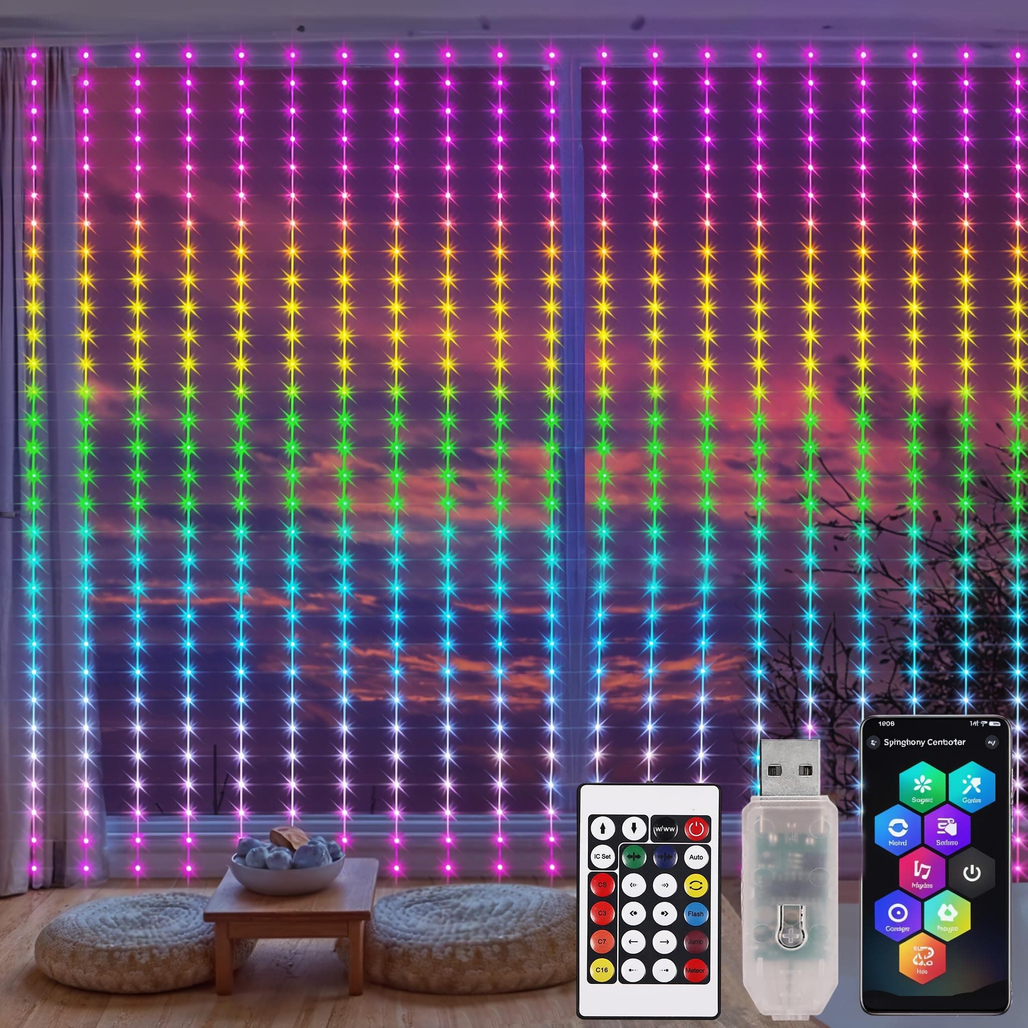 Gesto 5V USB Smart RGB Curtain String Lights – 300 LED Waterproof Fairy Lights with 16 Million Colors, Music Sync, App Control | Decorative Lights for Balcony,Garden & Diwali Decoration(10 x 10 Ft)