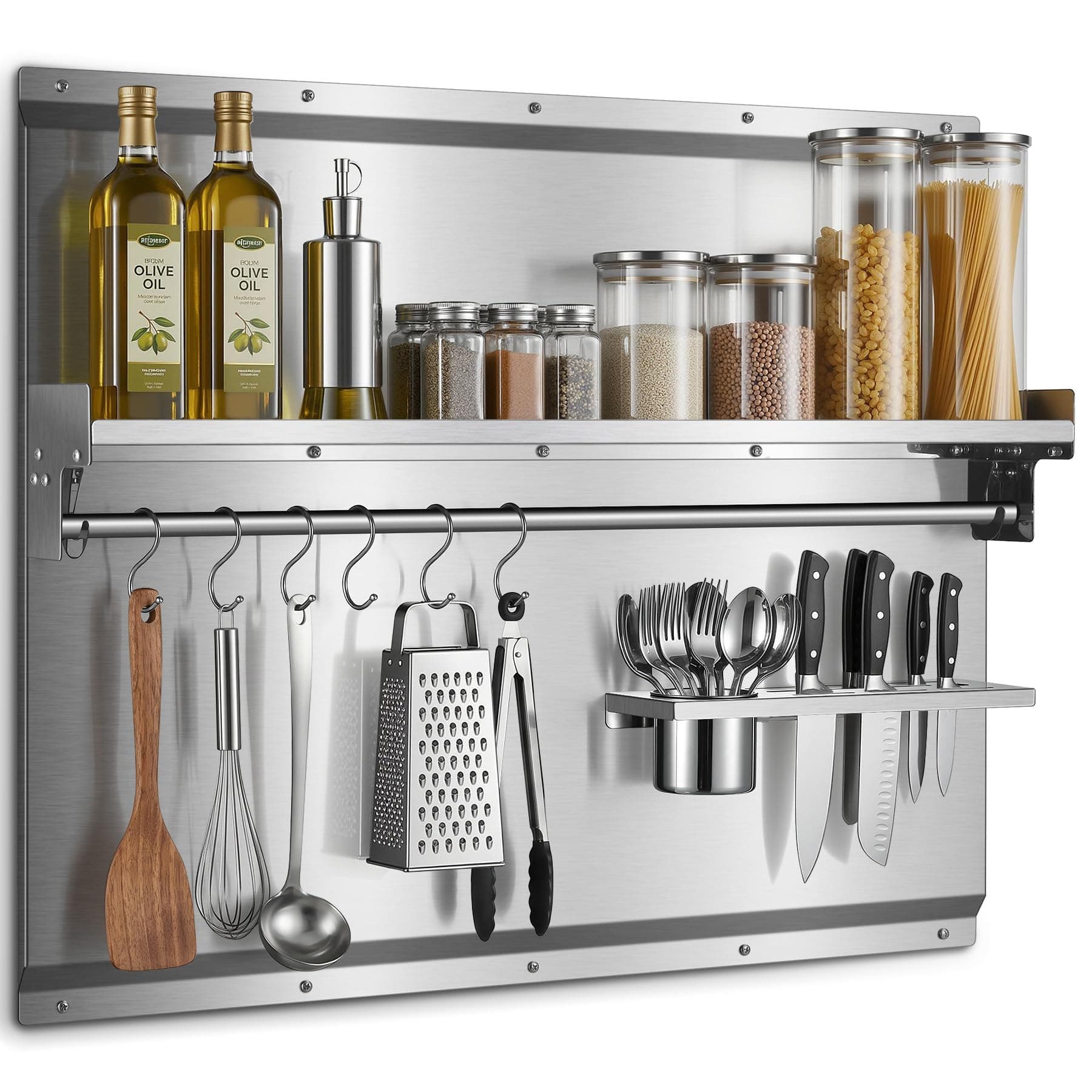 JOEAONZ 30" x 24" Stainless Steel Backsplash for Stove with Storage Shelf & Hooks, Heavy Duty 430 Metal Splatter Guard, Easy Wall Mount Shield, Fit Behind Range, Countertop or Sink