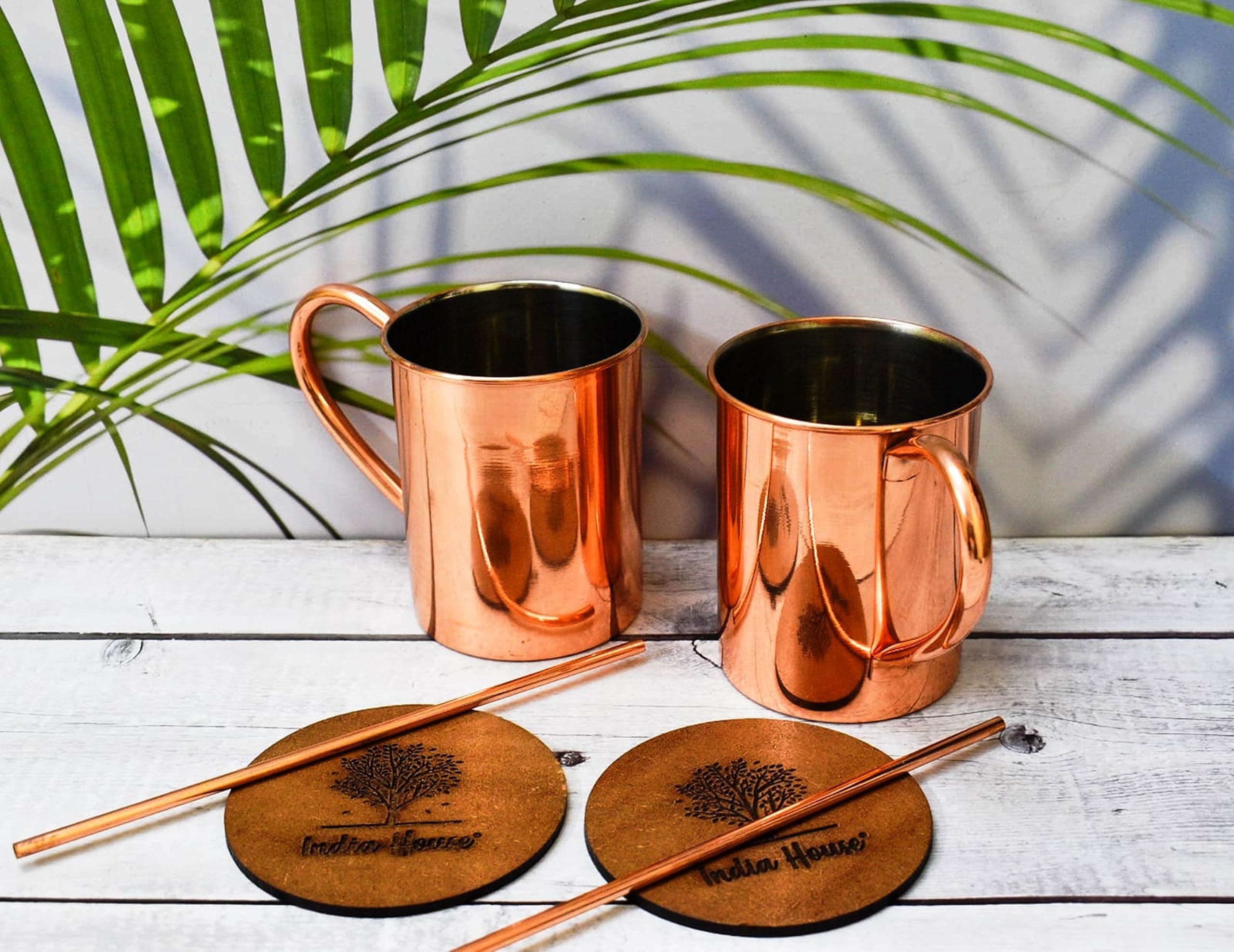 Moscow Mule Drinking 16 oz Copper Mug Set of 4/Rame Realizzato a mano in 100% puro rame THICK – Finitura dritta liscia (Set Di 4 Tazze All'interno Di Nichel Lucido (4 Coaster, 4 Straw Free)