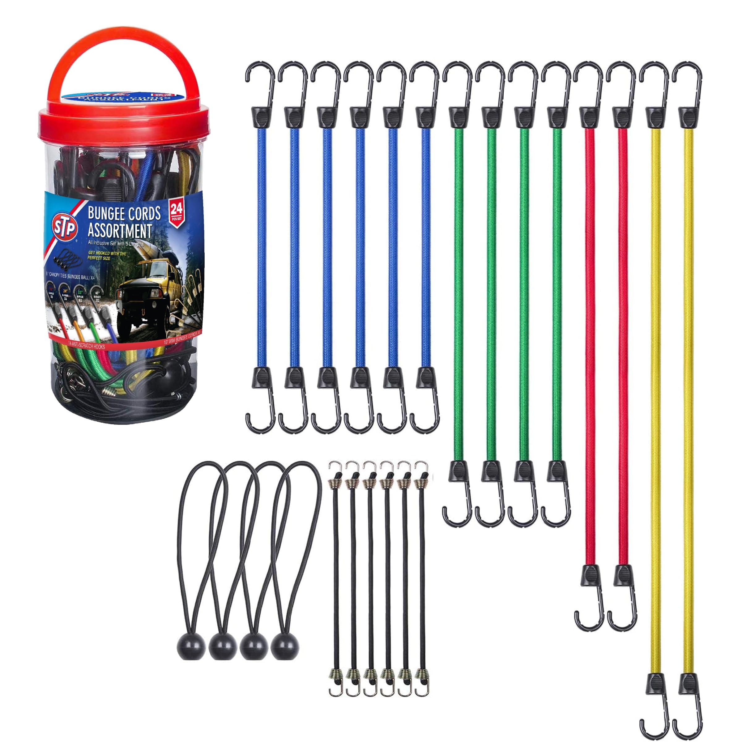 STP Bungee Cords with Hooks Set, 24 Heavy Duty Outdoor Bungee Cords, 2 x 40” in, 2 x 32” in, 4 x 24” in, 6 x 18” in, 6 x 10”, 4 x 8’inch Bungee Ball, UV Resistant Jacket, Extra Wide Anti-Scratch Hooks