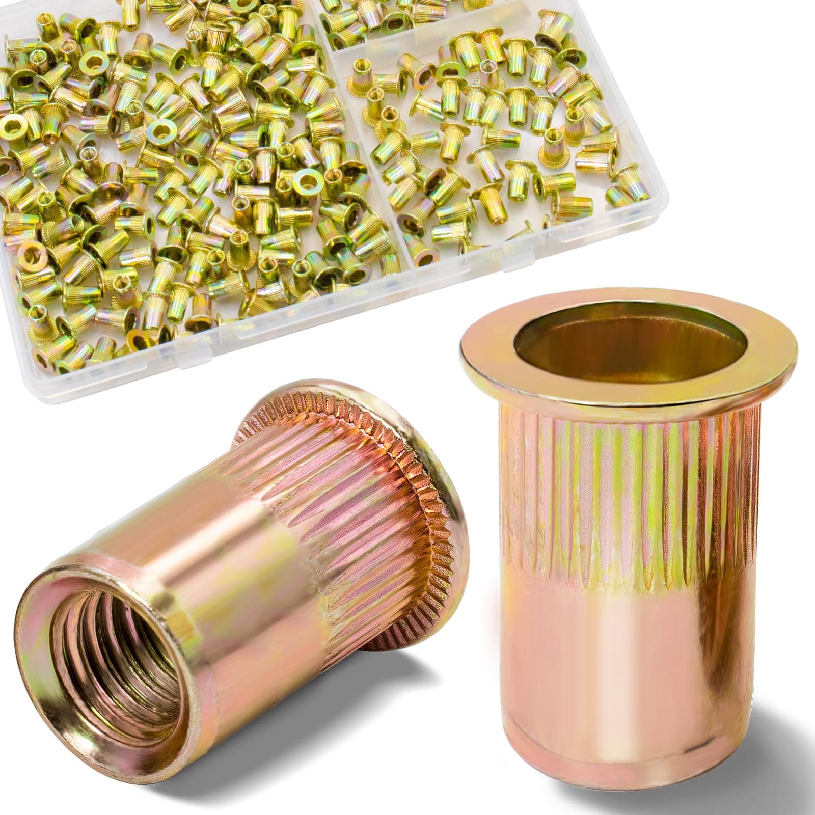Vifmy 220Pcs M3 Rivet Nuts, Metric Zinc Plated Finish Carbon Steel Flat Head Threaded Insert Nutsert Kit