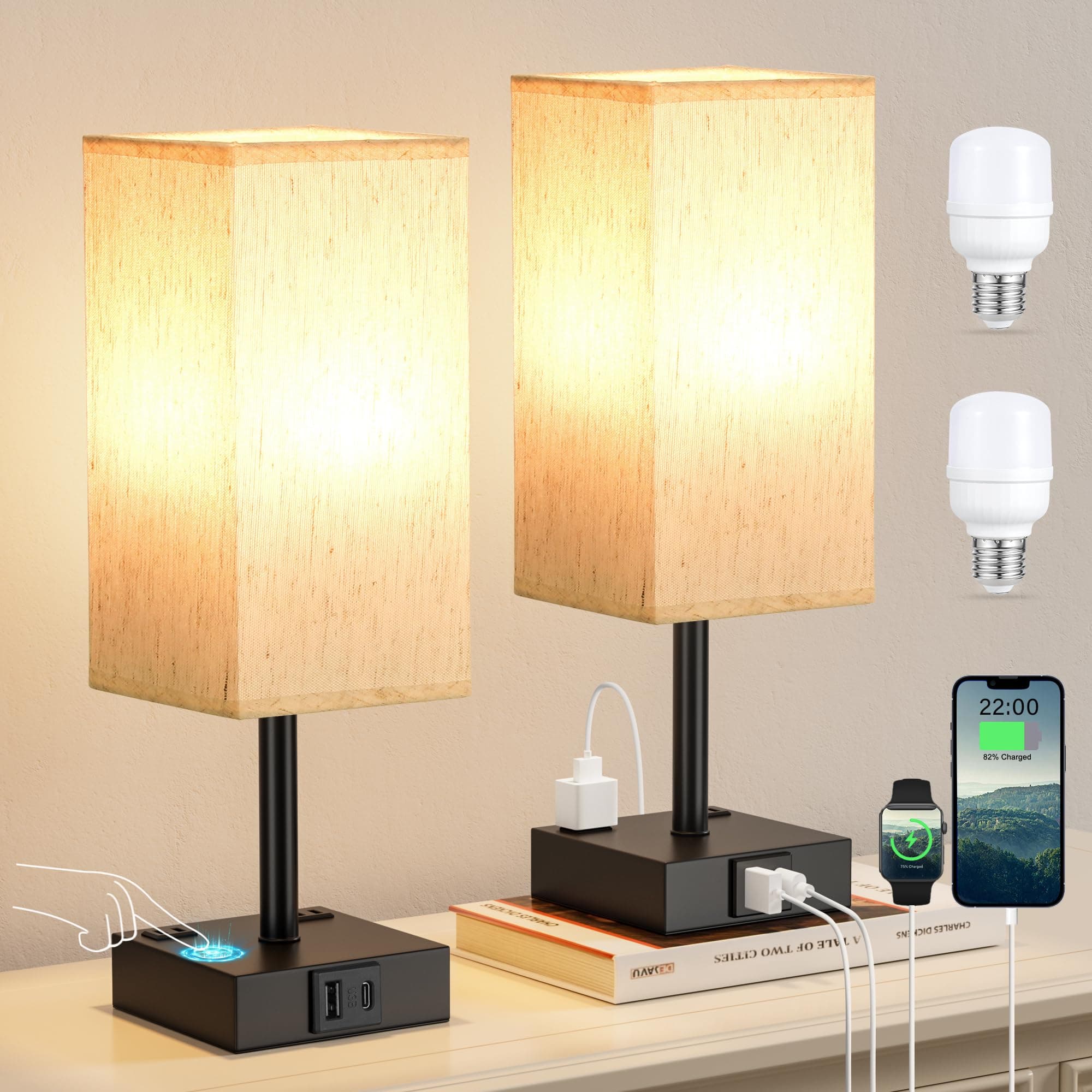Fenmzee Bedside Table Lamps Set of 2 - Touch Desk Lamp with 3 Way Dimmable