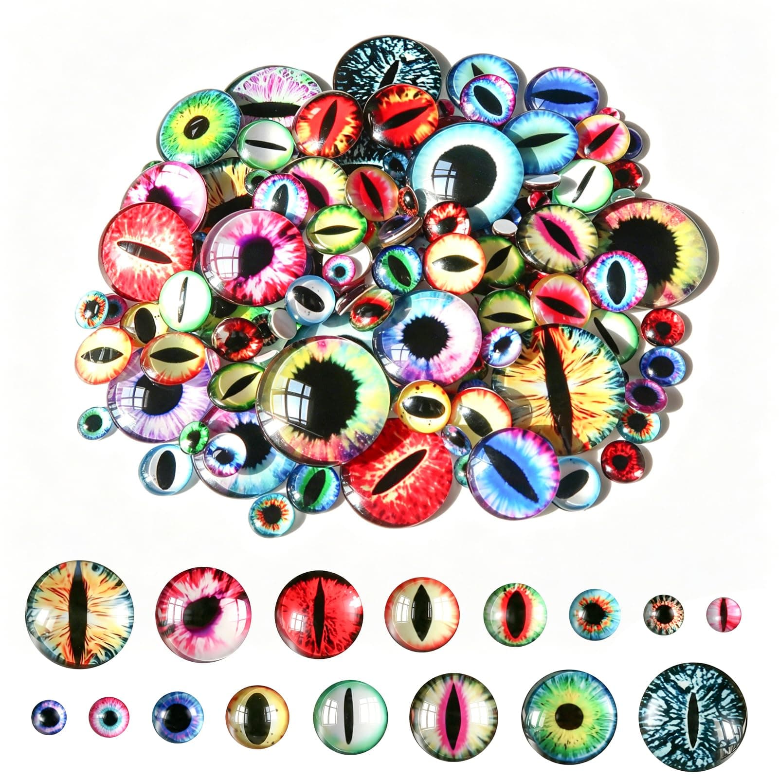 TOAOB 80pcs Assorted Colors Glass Dragon Eyes 6mm to 30mm Crafts Cabochons for Clay Doll Making Sculptures Props and DIY Jewelry Making Findings