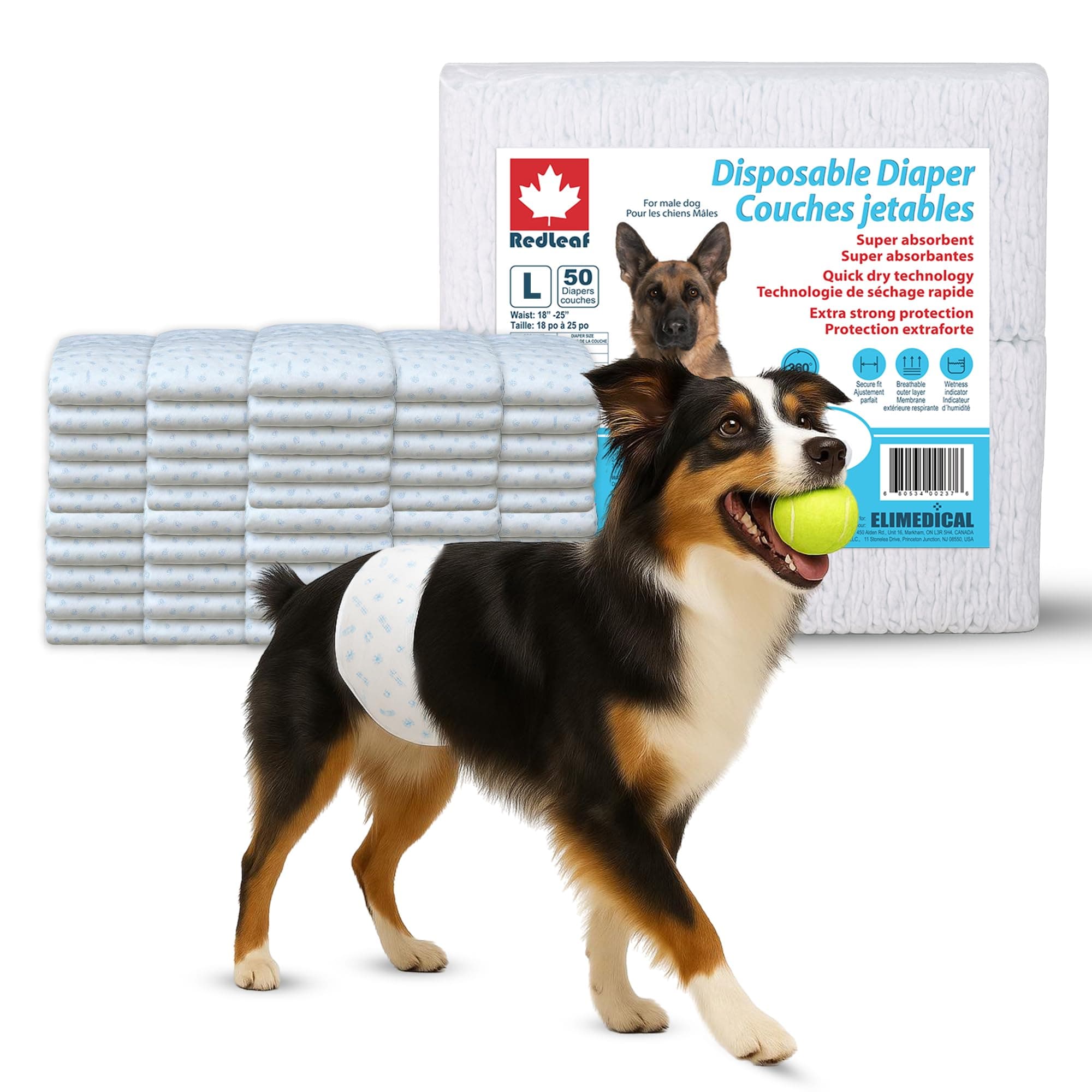 Updated 2026 Elimedical Redleaf Disposable Dog Diapers Male | Large (50 Count) | Male Dog Diapers for Incontinence, Marking, Dog Training | Wetness Indicator, Breathable, Secure Fit Belly Band