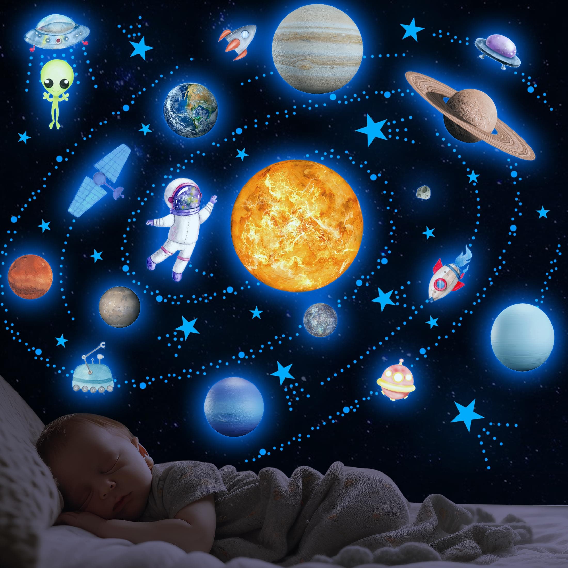 Glow in The Dark Stars Solar System Wall Decals, Sun and 8 Major Planets Stickers for Ceiling, Astronaut Rocket Wall Sticker Decor for Kids (Blue)
