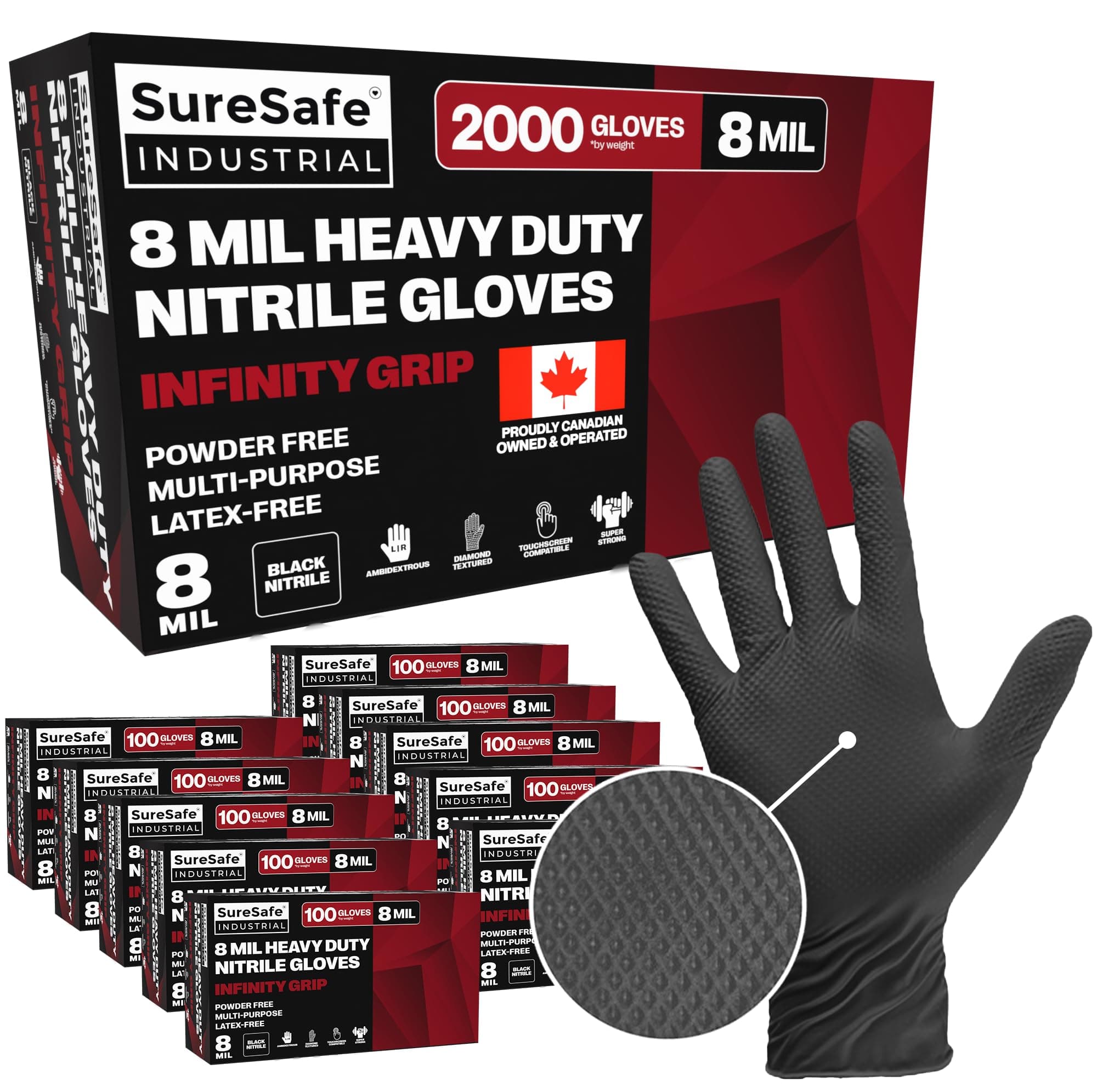 Black Nitrile Gloves Large, 8 Mil Powder-Free Latex-Free, 2000 Count