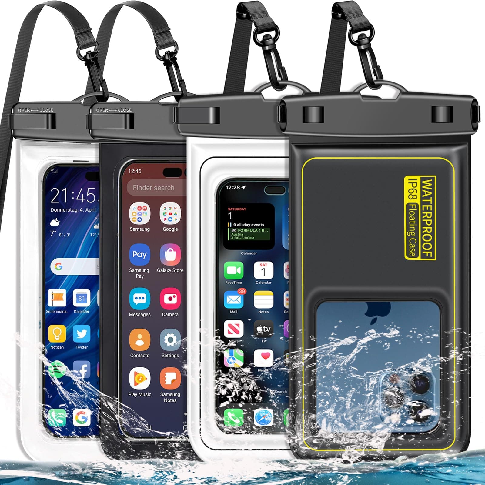 Famoby 4 Pack IP68 Waterproof Phone Pouch (2 Pack Floating and 2 Pack Sinking Waterproof Phone Pouch) Adjustable Neck Lanyard Dry Bag for Apple iPhone,Samsung,and up to 8.5" Black,White