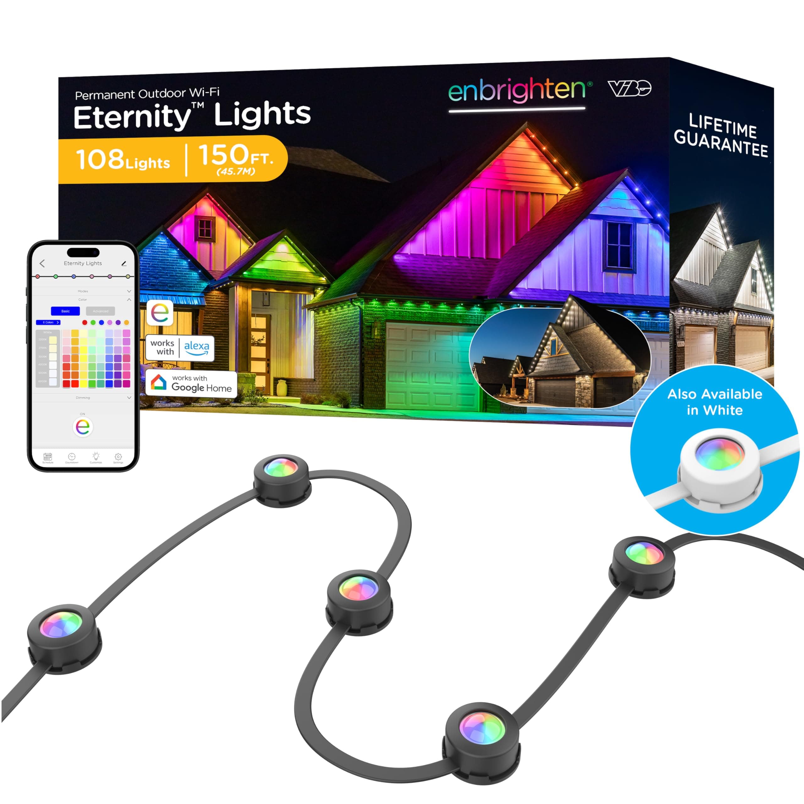 Enbrighten Vibe Eternity Permanent Outdoor Lights for House, 150ft, 108 RGBWIC LEDs, Close Spacing, 33lm, Color Changing, Christmas, Eave Lighting, Smart App, Works with Alexa, Google Home, 85103