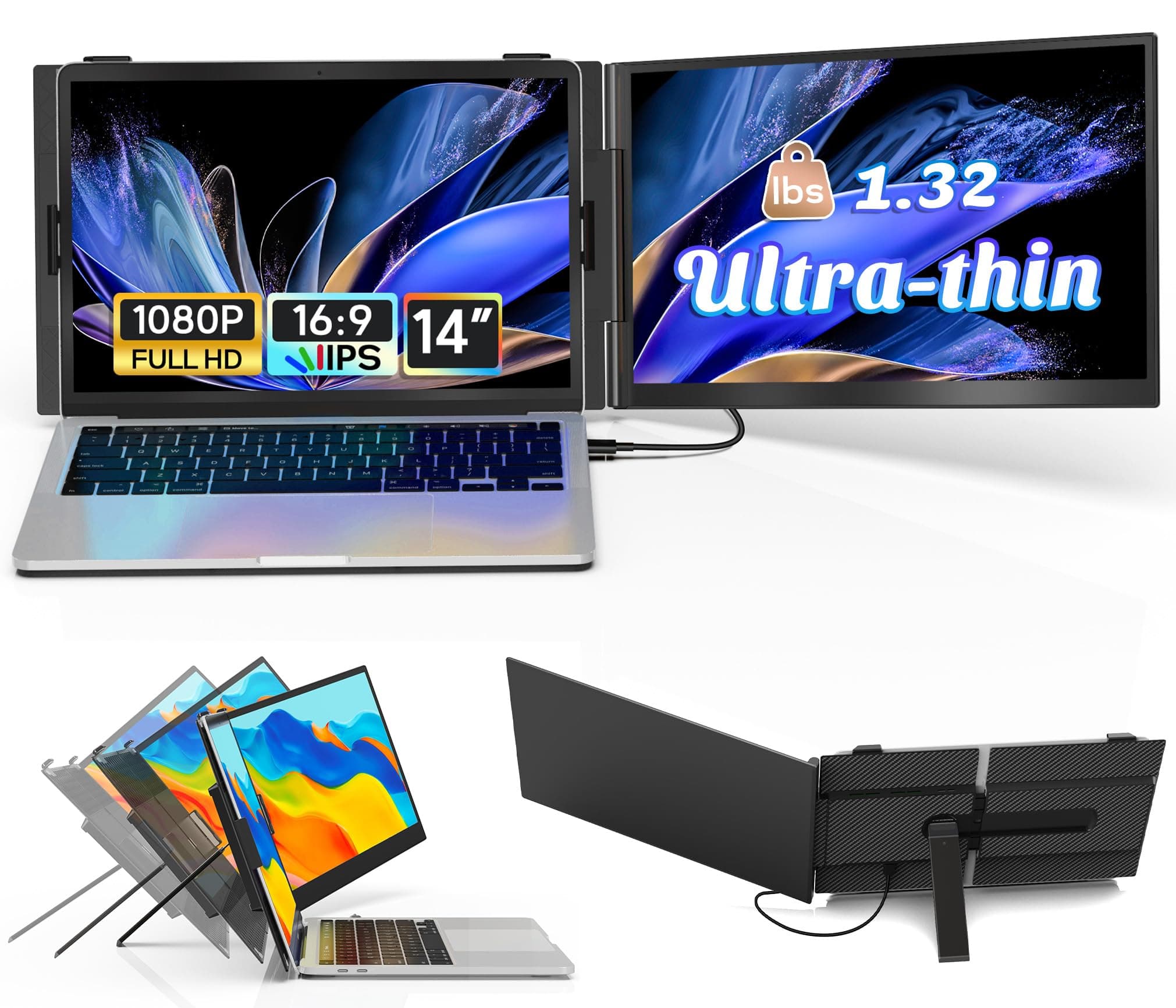 JEEJIA Laptop Screen Extender, 14" FHD 1080P IPS Portable Monitor for Laptop, Ultra-Thin, Lightweight, Built-in Stand/Speaker, Dual Screen Monitor, Plug & Play Suitable for Mac, Wins, Android
