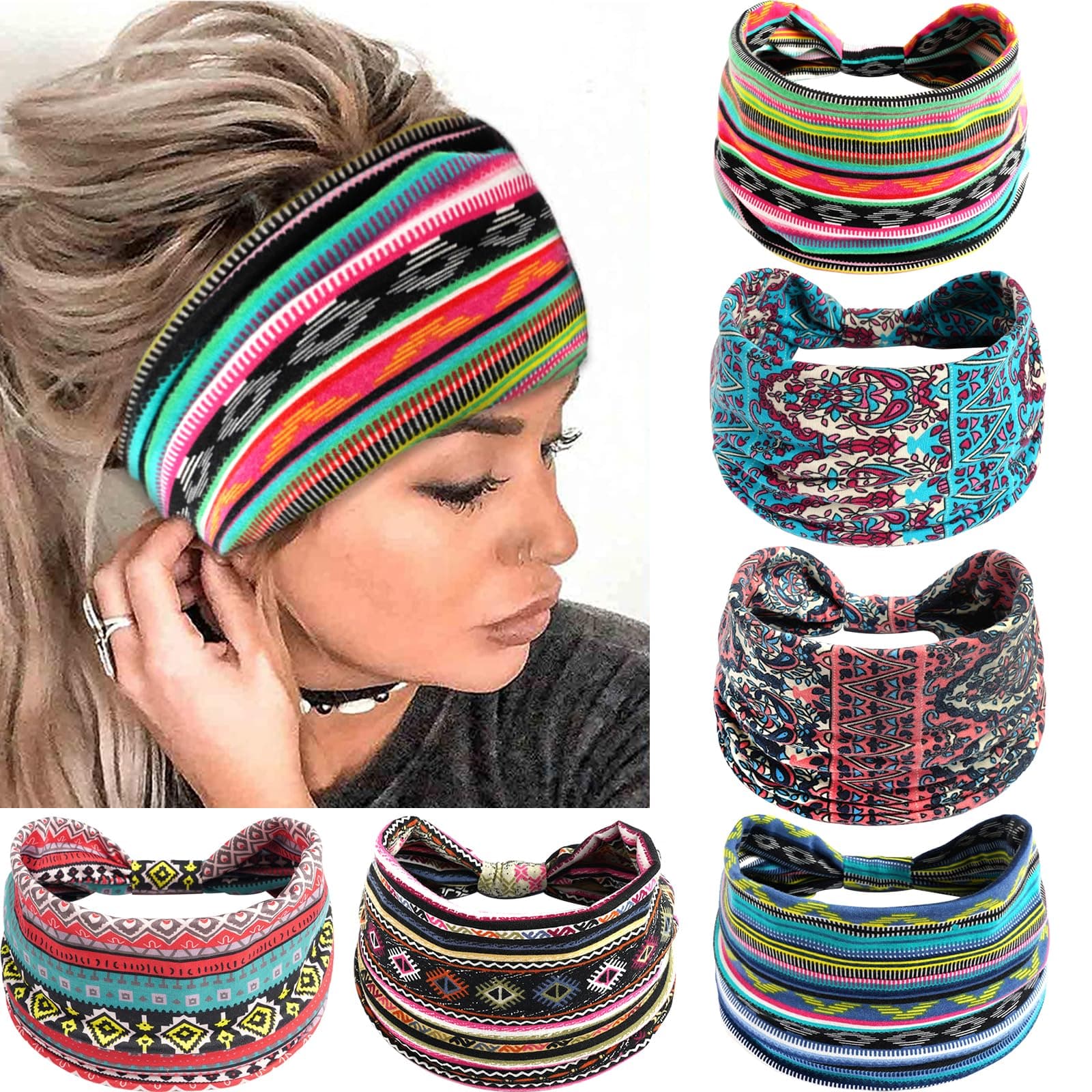 SAWINDA 6 Pack Boho Headbands for Women Fashion Stretch Wide Hair Bands Knotted Turban Head Bands Yoga Running Elastic Non-Slip Sweatband Stylish Wrap Headbands Hair Accessories for Teen Girls