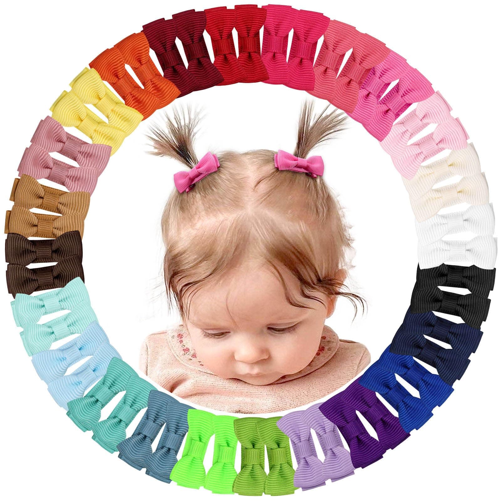 Oaoleer Baby Girls Fully Lined Baby Bows Hair Pins Tiny Hair Bows Alligator Clips for Infants Toddlers - 48PCS 2inch, 24 Colors in Pairs (Style B-48pcs)